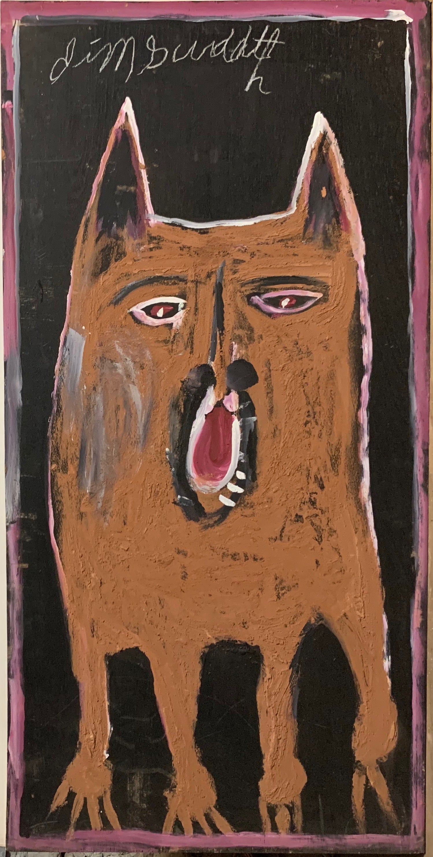 A painting of a barking dog.