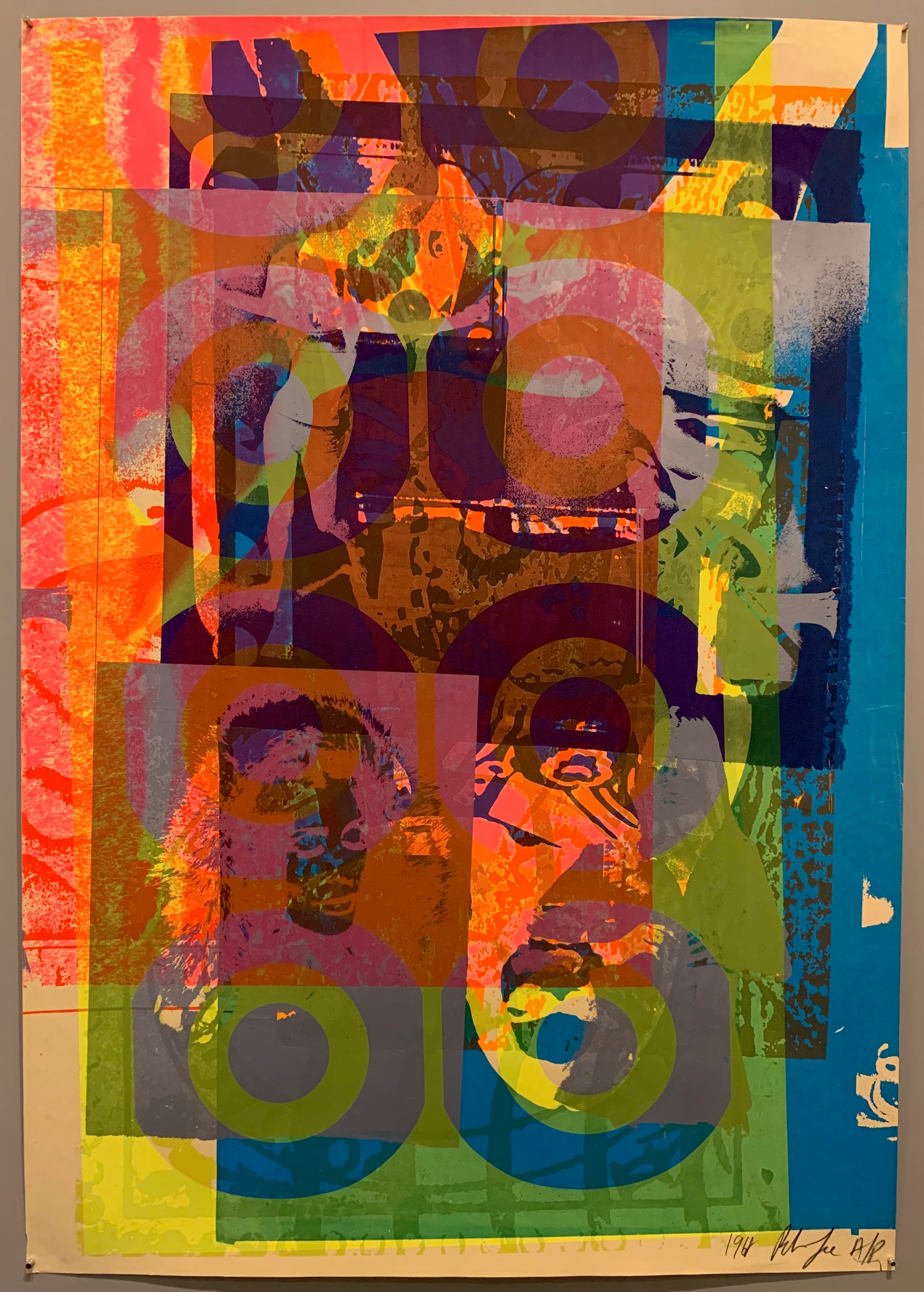 A mix of pop art-style images lay over each other in many neon colors.