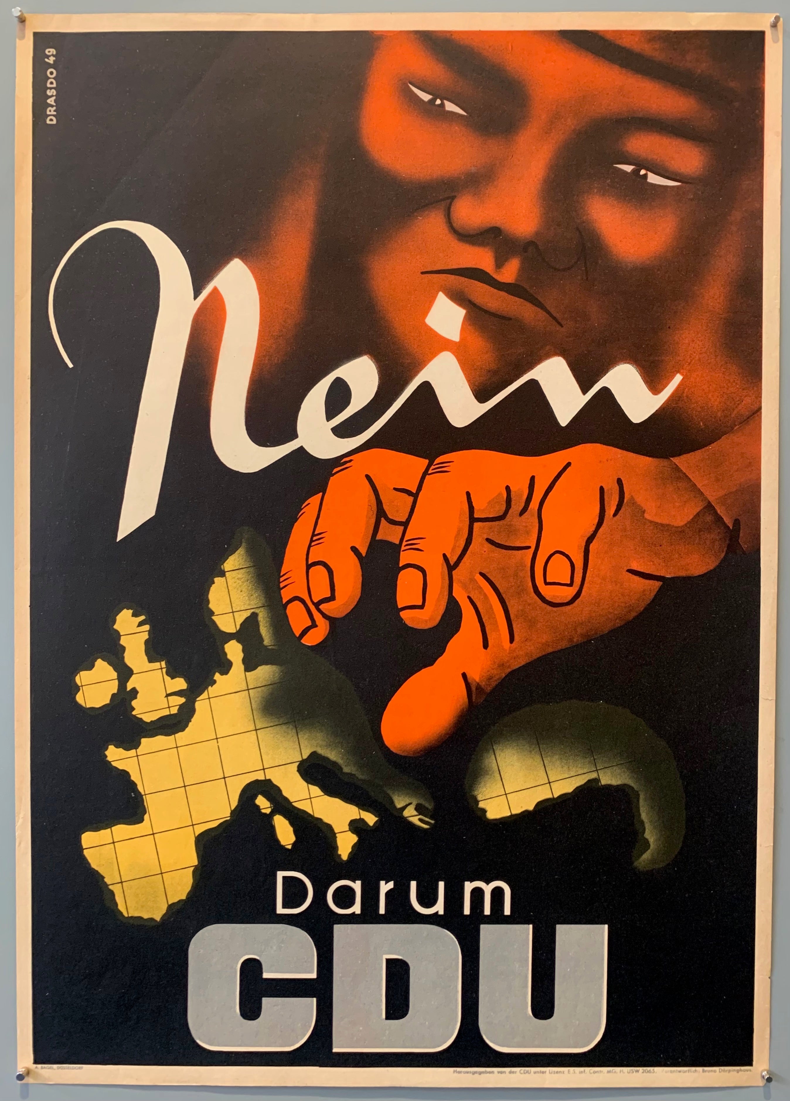 Election poster for the CDU, (Christian Democratic union of Germany the largest party in the Bundestag) for the federal elections in 1949. The poster shows the fear of the communist threat to Germany, therefore urging German's to vote for the CDU.