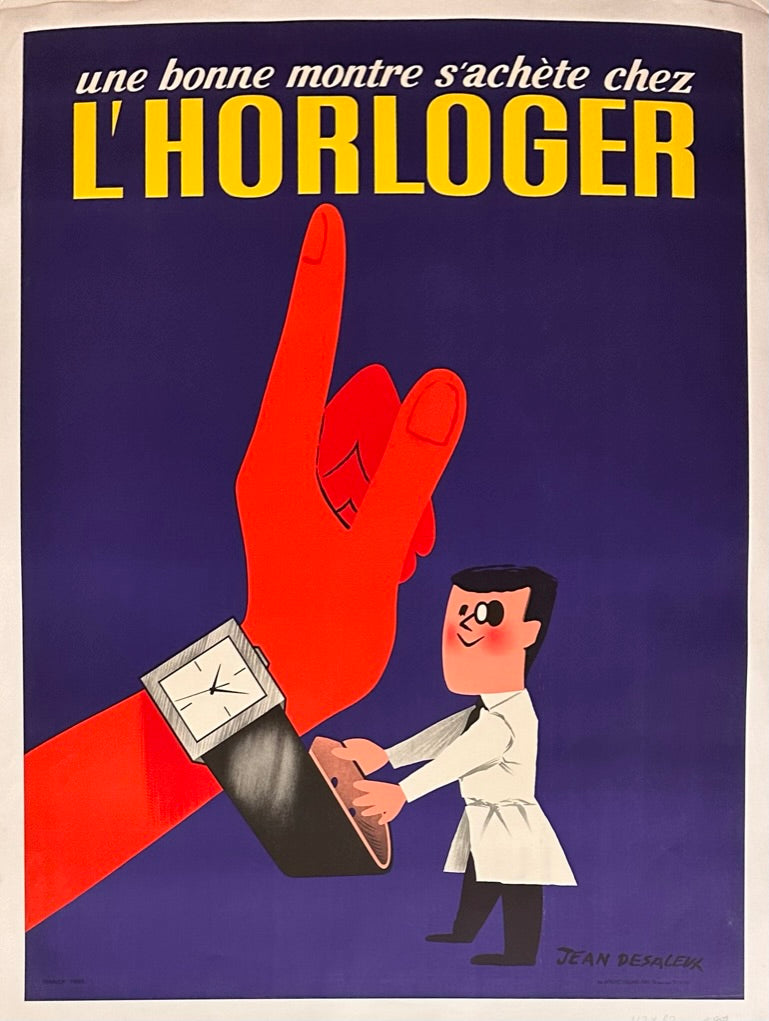 The design features a hand holding a watch being inspected by the watchmaker. The image is set against a striking dark purple background, with the bold slogan "Une Bonne Montre S'achete Chez L'Horloger" ("A Good Watch Is Bought From the Watchmaker") printed at the top of the poster.