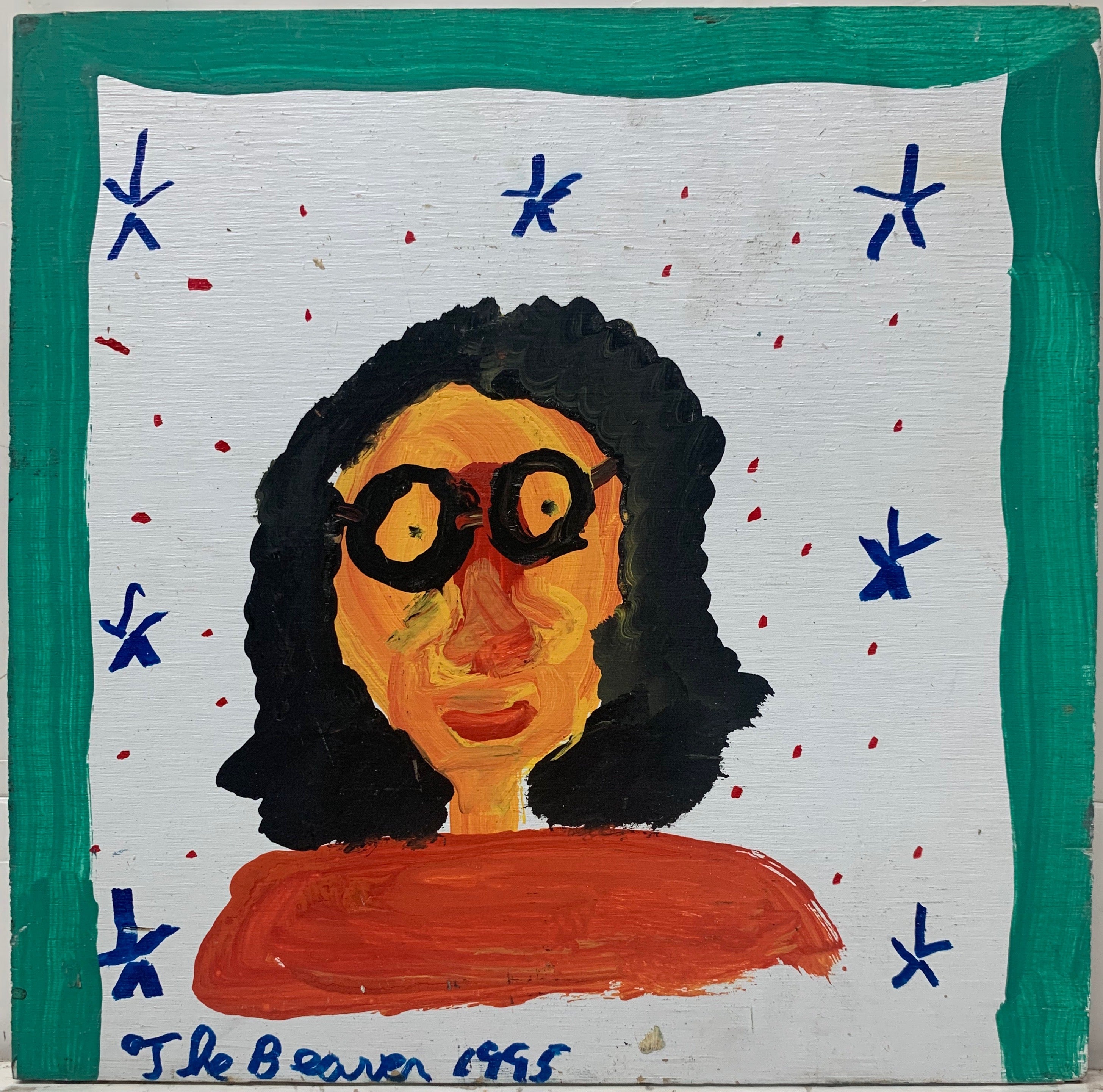 A painting by the Beaver of a portrait of a woman with curly black hair and round glasses, surrounded by blue stars and red dots.