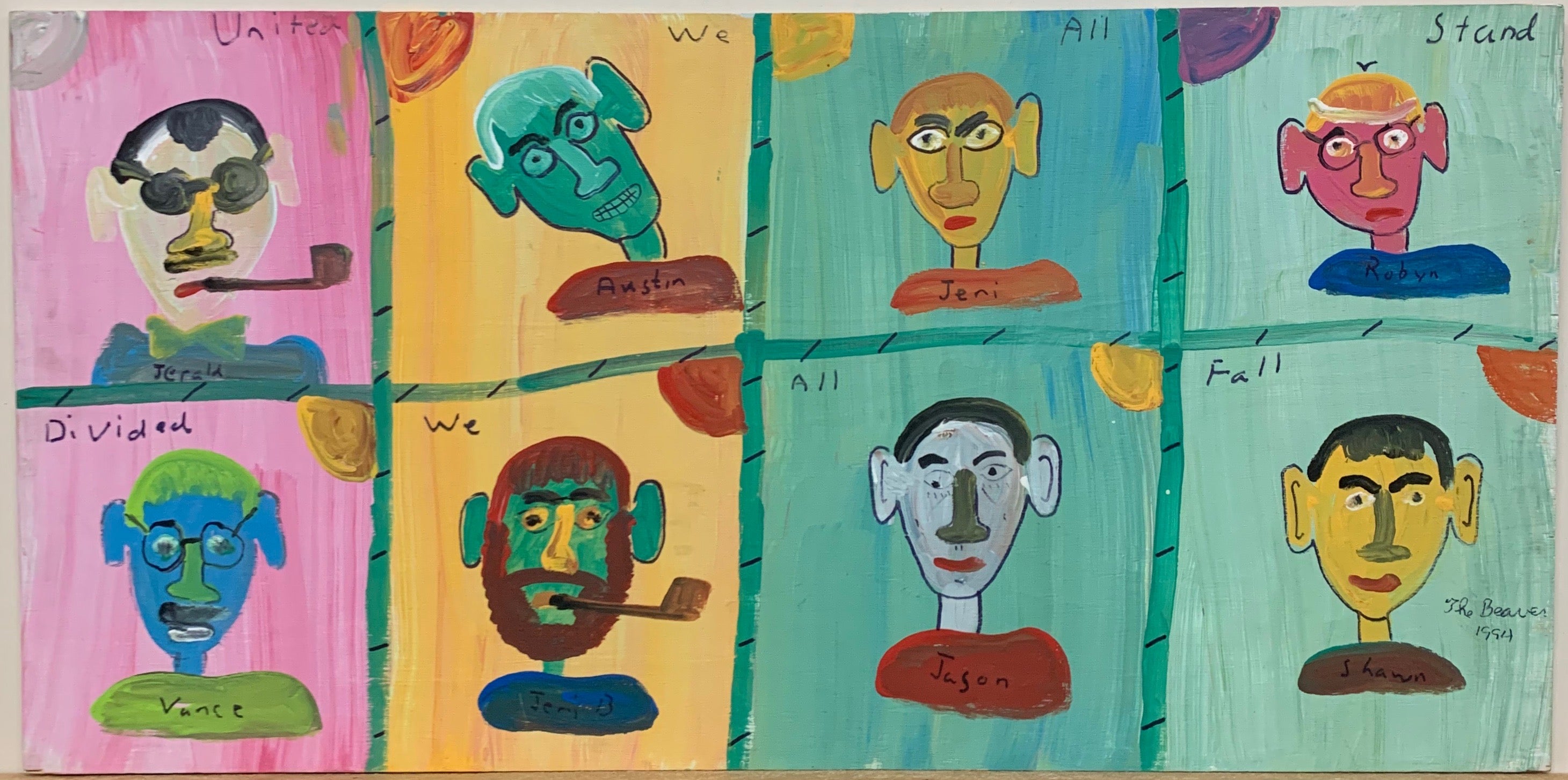 A painting by The Beaver divided into eight quadrants, each with a colorful man's portrait inside.