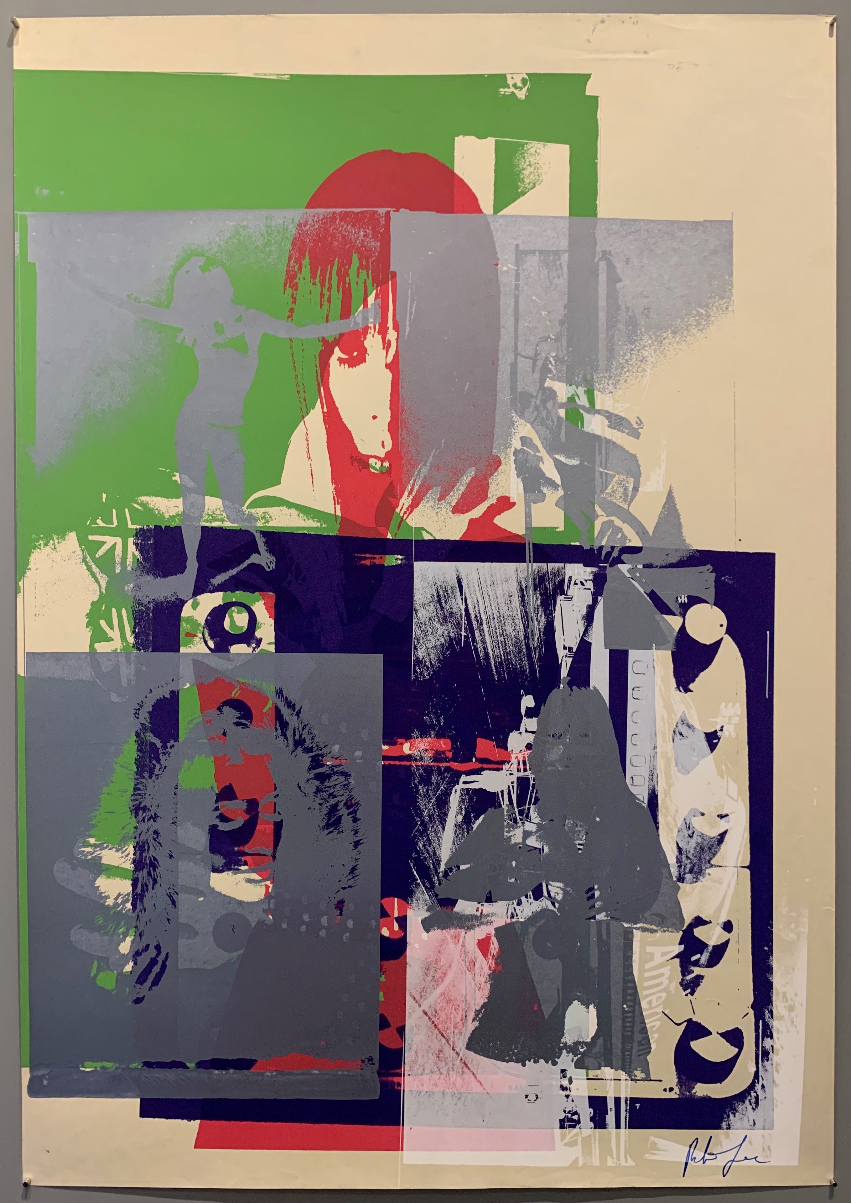 A mix of pop art-style images lay over each other in many neon colors.