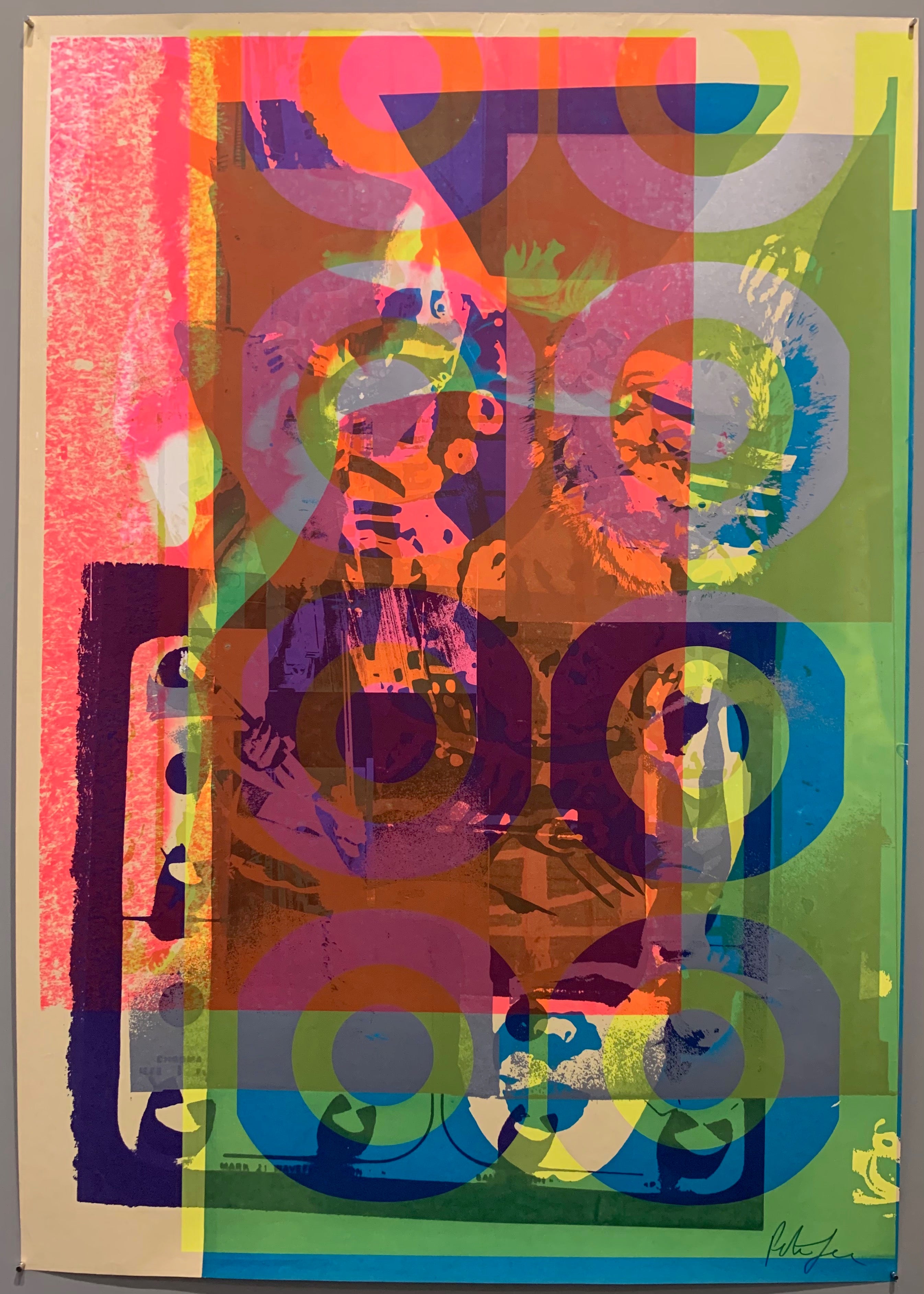 A mix of pop art-style images lay over each other in many neon colors.