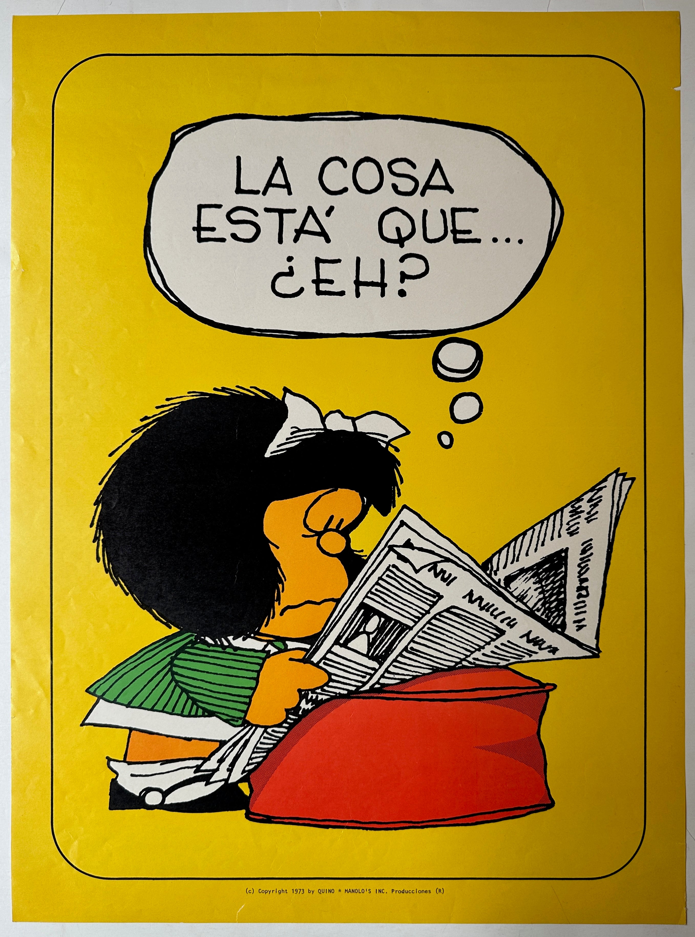 24x17 yellow paper poster of Mafalda reading the newspaper