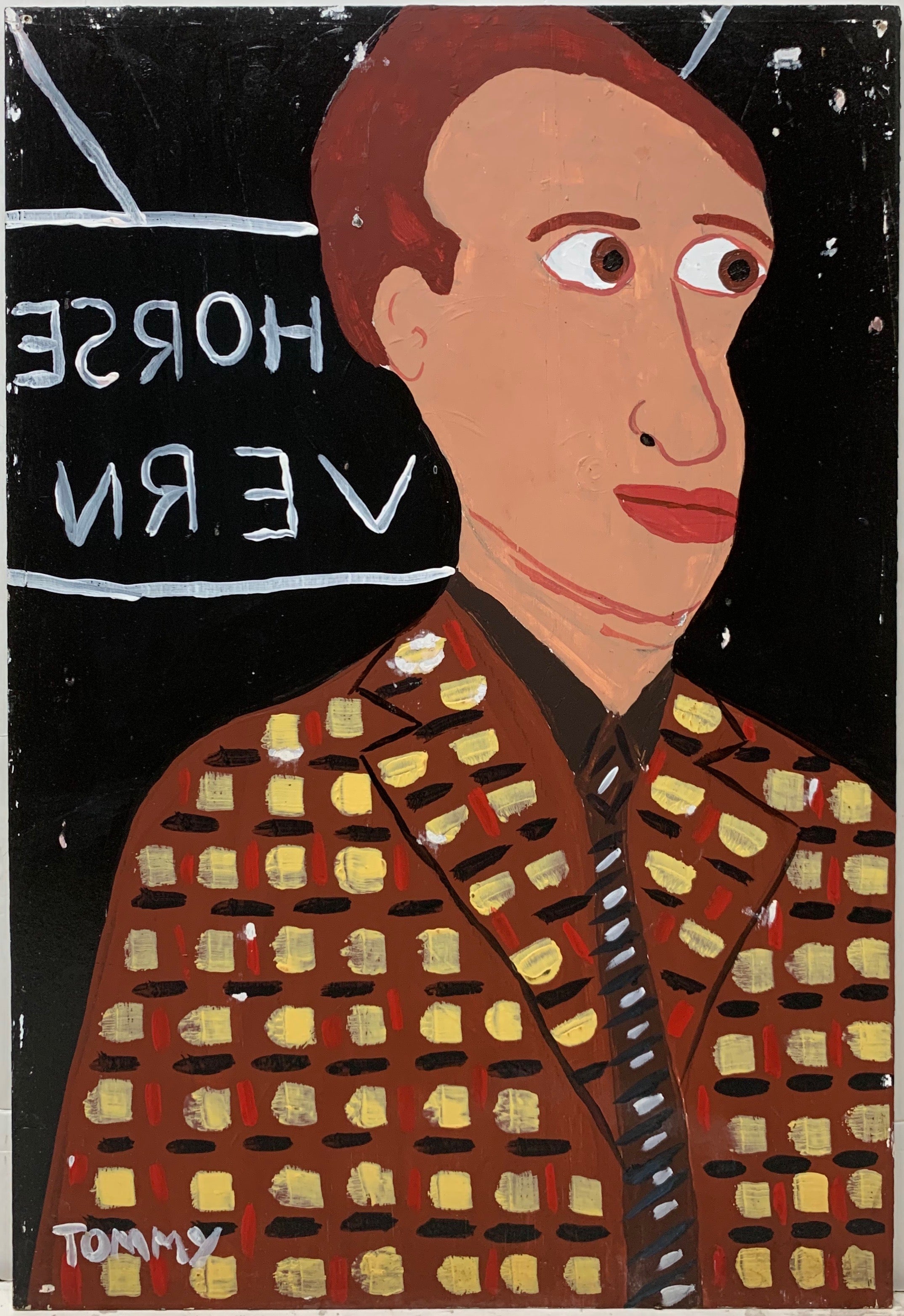 A Tommy Cheng portrait  of Dylan Thomas in a checker suit jacket at the White Horse Tavern.
