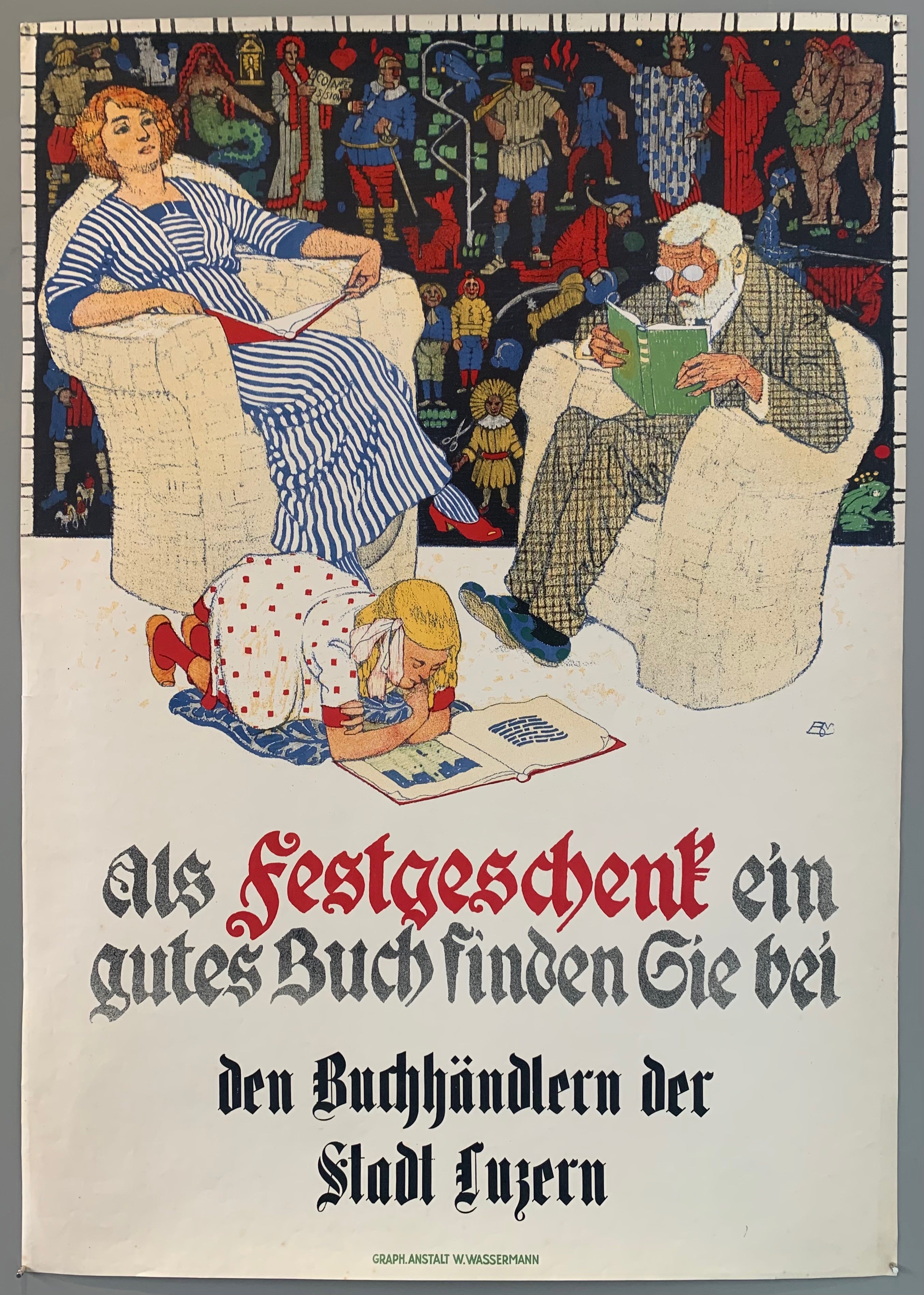 Poster advertising booksellers in Lucerne, in the german-speaking part of Switzerland. Poster shows a couple with a child, all reading book, the parents in chairs and the daughter on the floor.