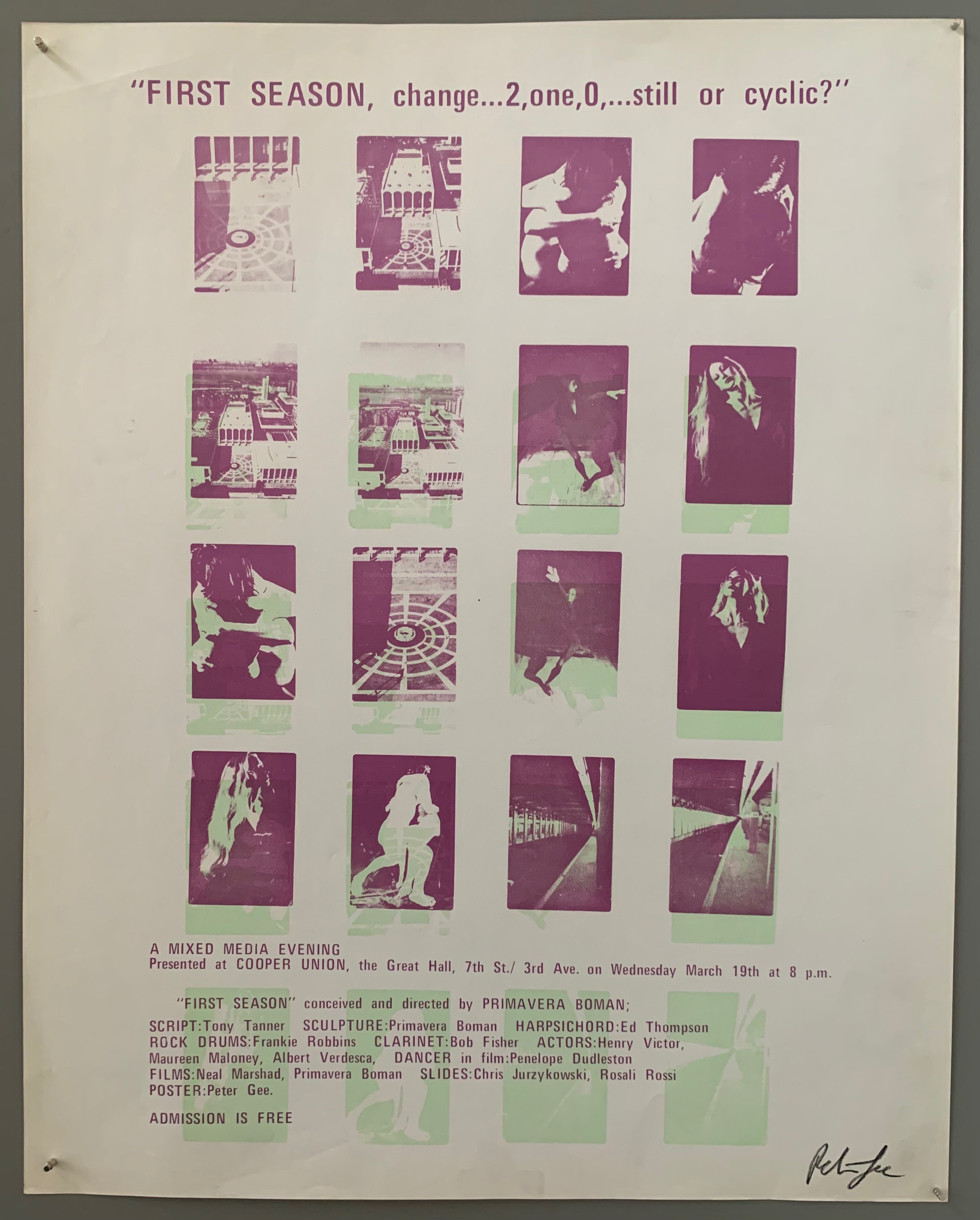 A series of squares containing scenes are shown. The text is on the top and the bottom in purple. The style of printing is pop art, where a lot of colors are put on top of each other. The colors featured are purple and transparent green.