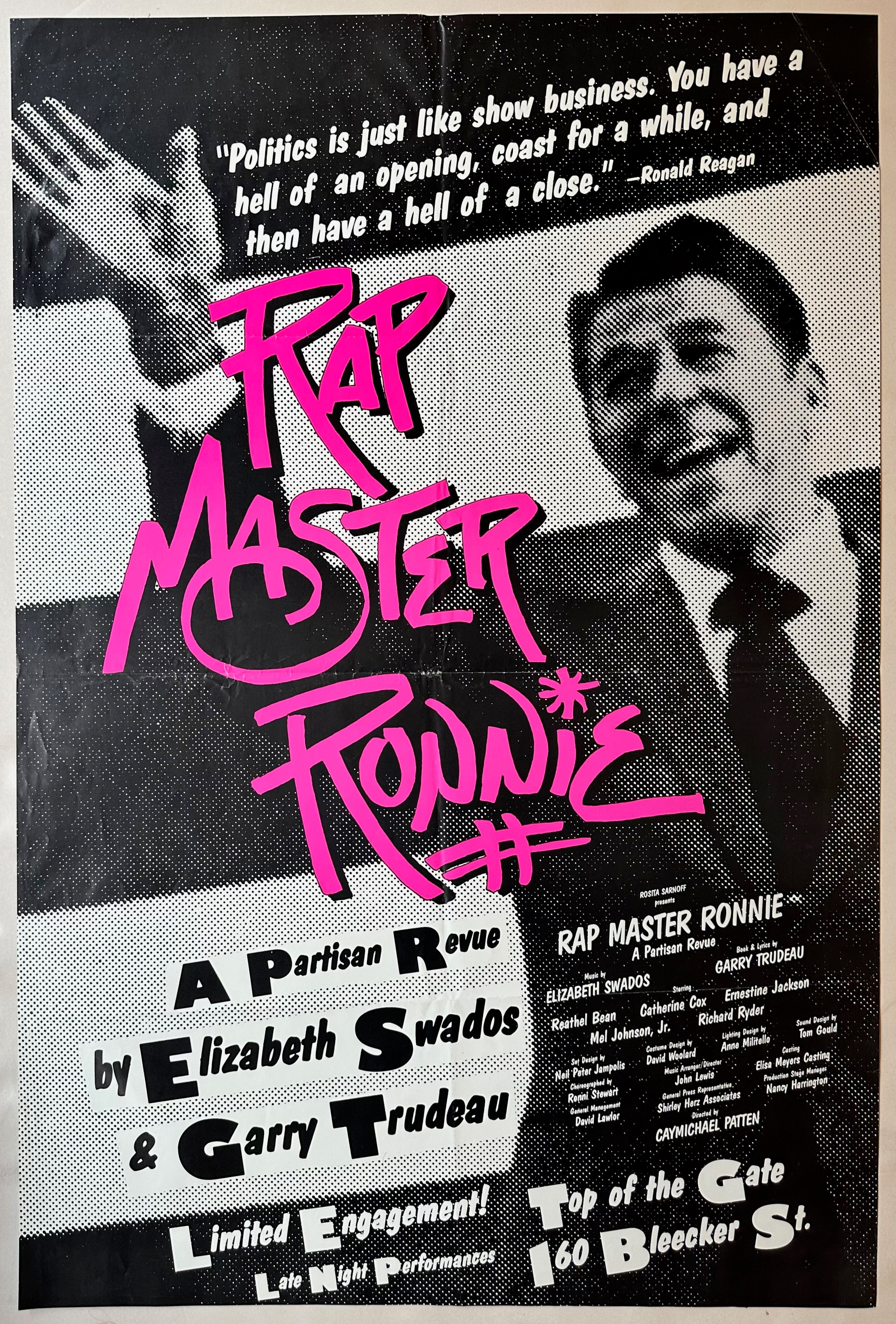 36x24 poster for eighties show rap master ronnie, satirizing and critiquing ronald reagan's social policies, featuring black and white photo of reagan, quote, show information and title in bright pink