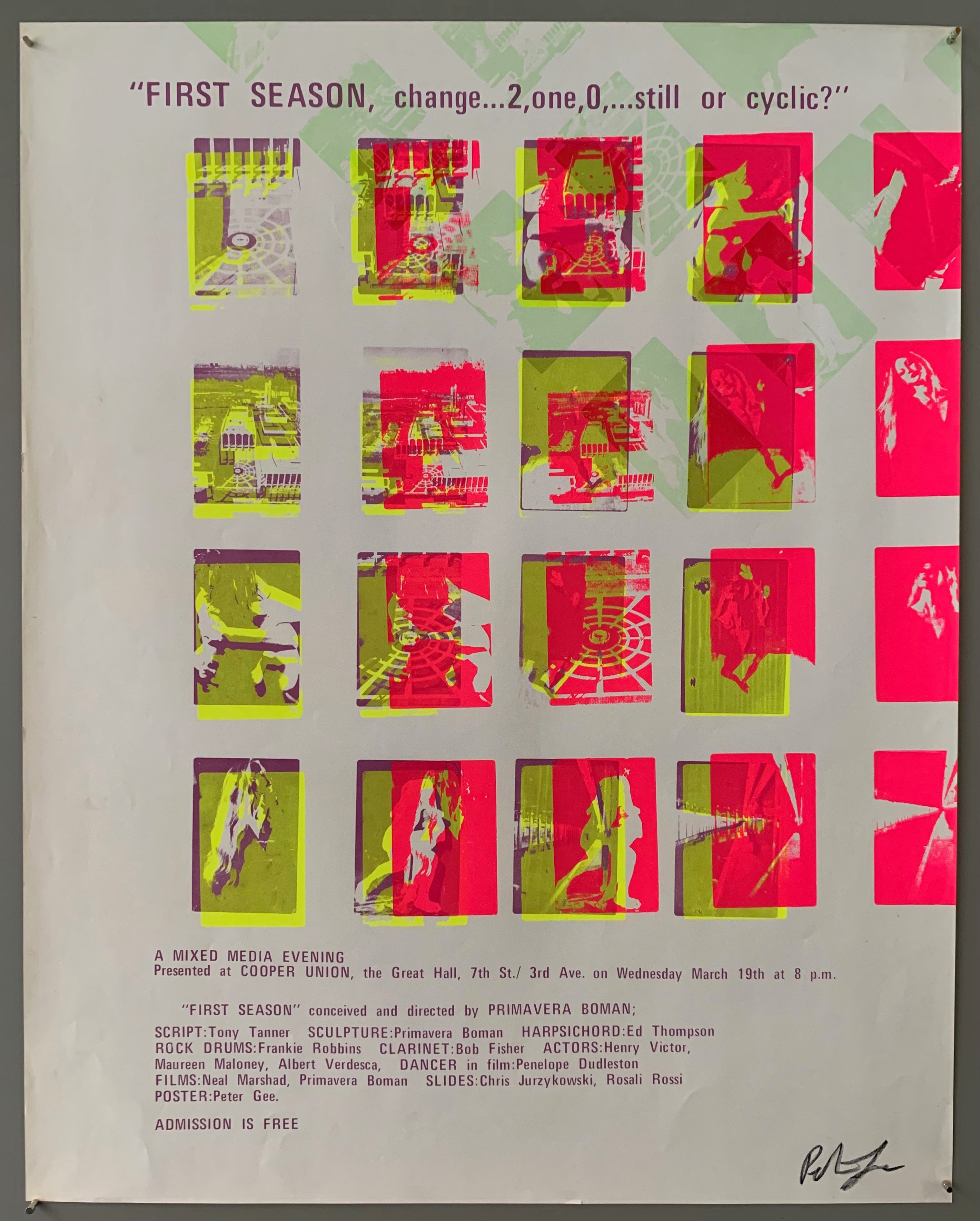 A series of squares containing scenes are shown. The text is on the top and the bottom in purple. The style of printing is pop art, where a lot of colors are put on top of each other. The colors featured are  neon pink, purple, neon yellow, green, and white.