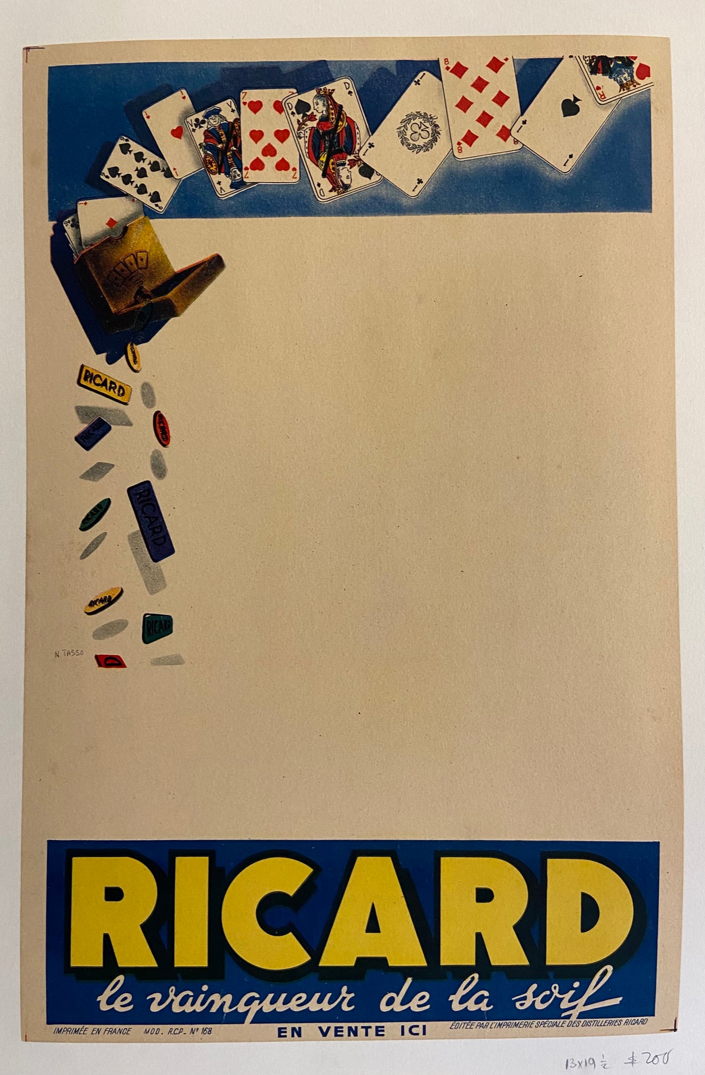 Poster for Ricard liqueur, illustrated with a playing card design.
