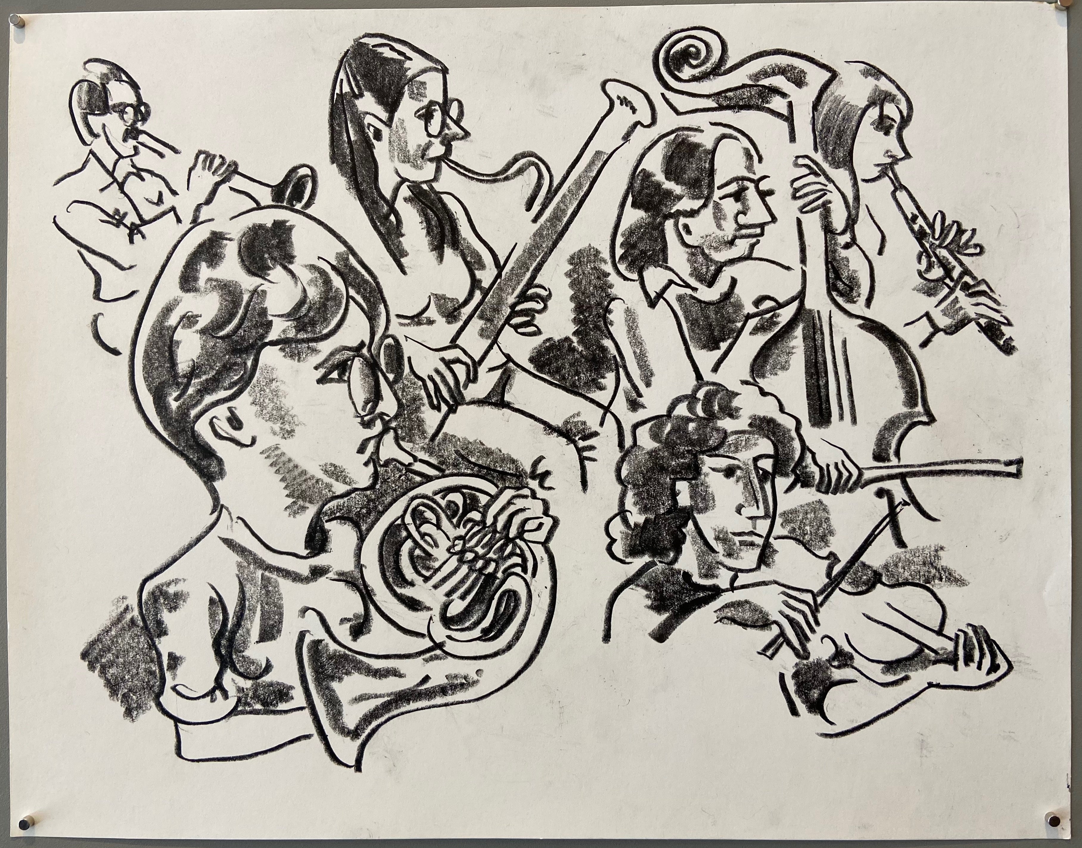 charcoal drawing of an orchestra