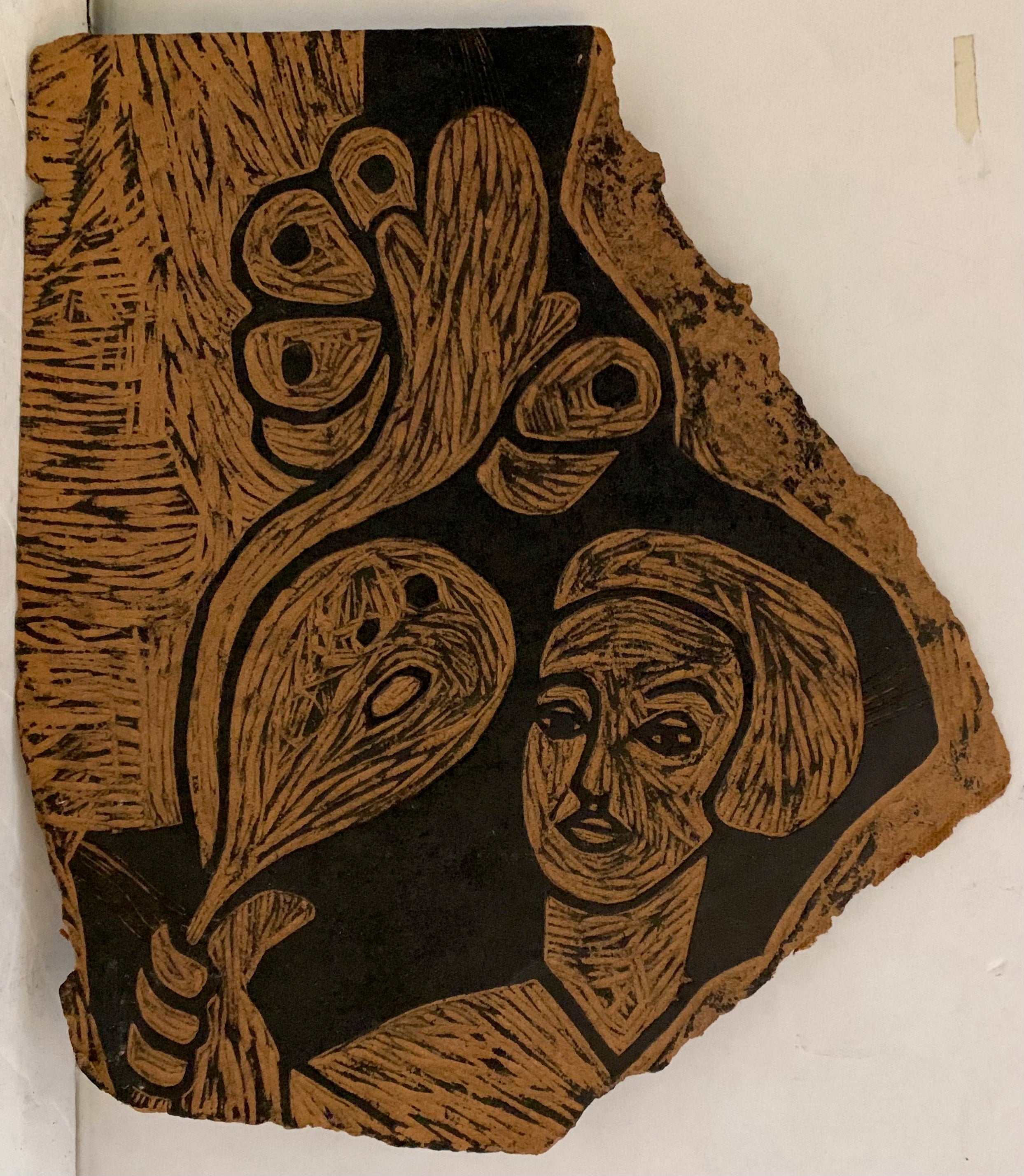 Woodblock of a woman with a bouquet of flowers