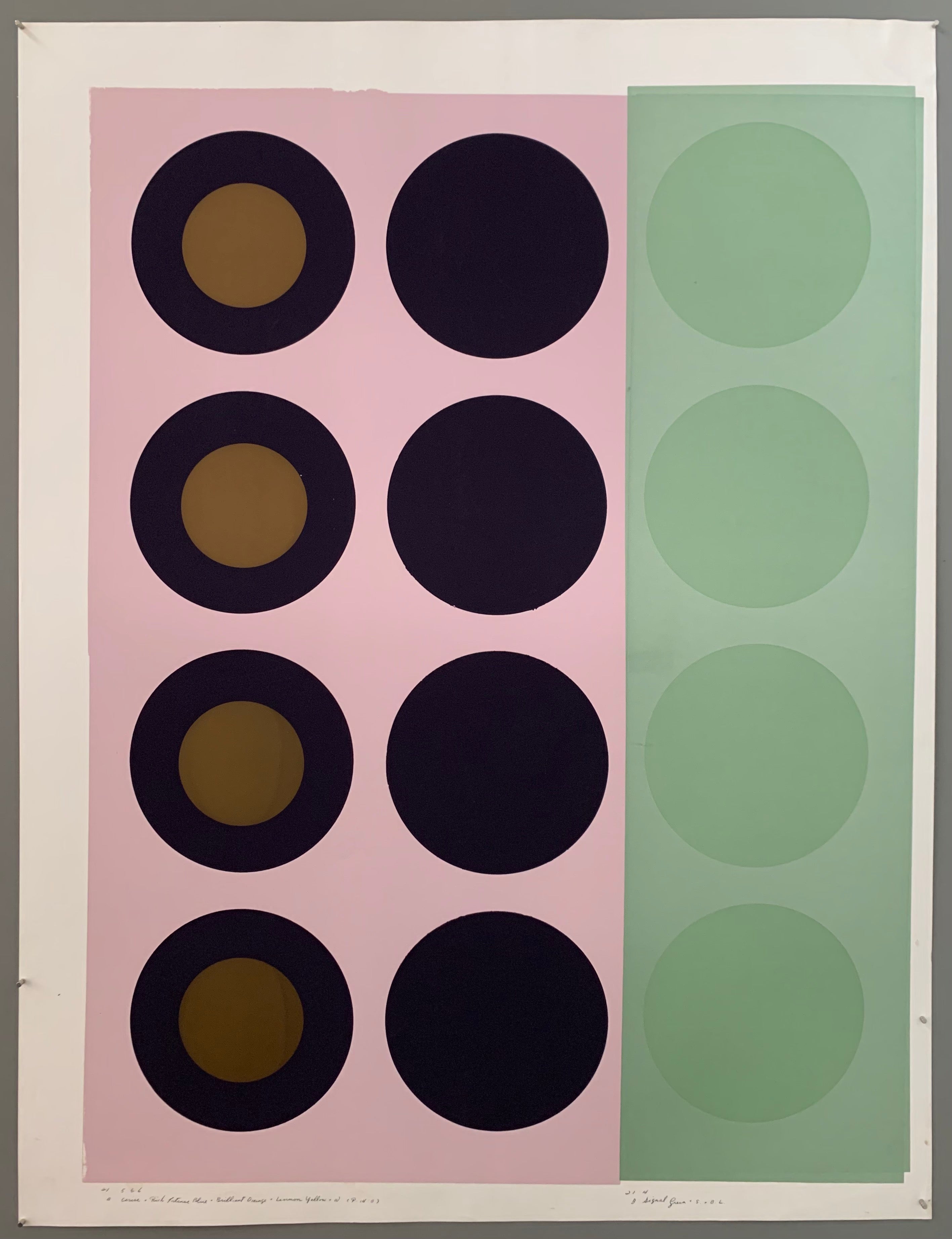 Three rows of targets on pink and green panels