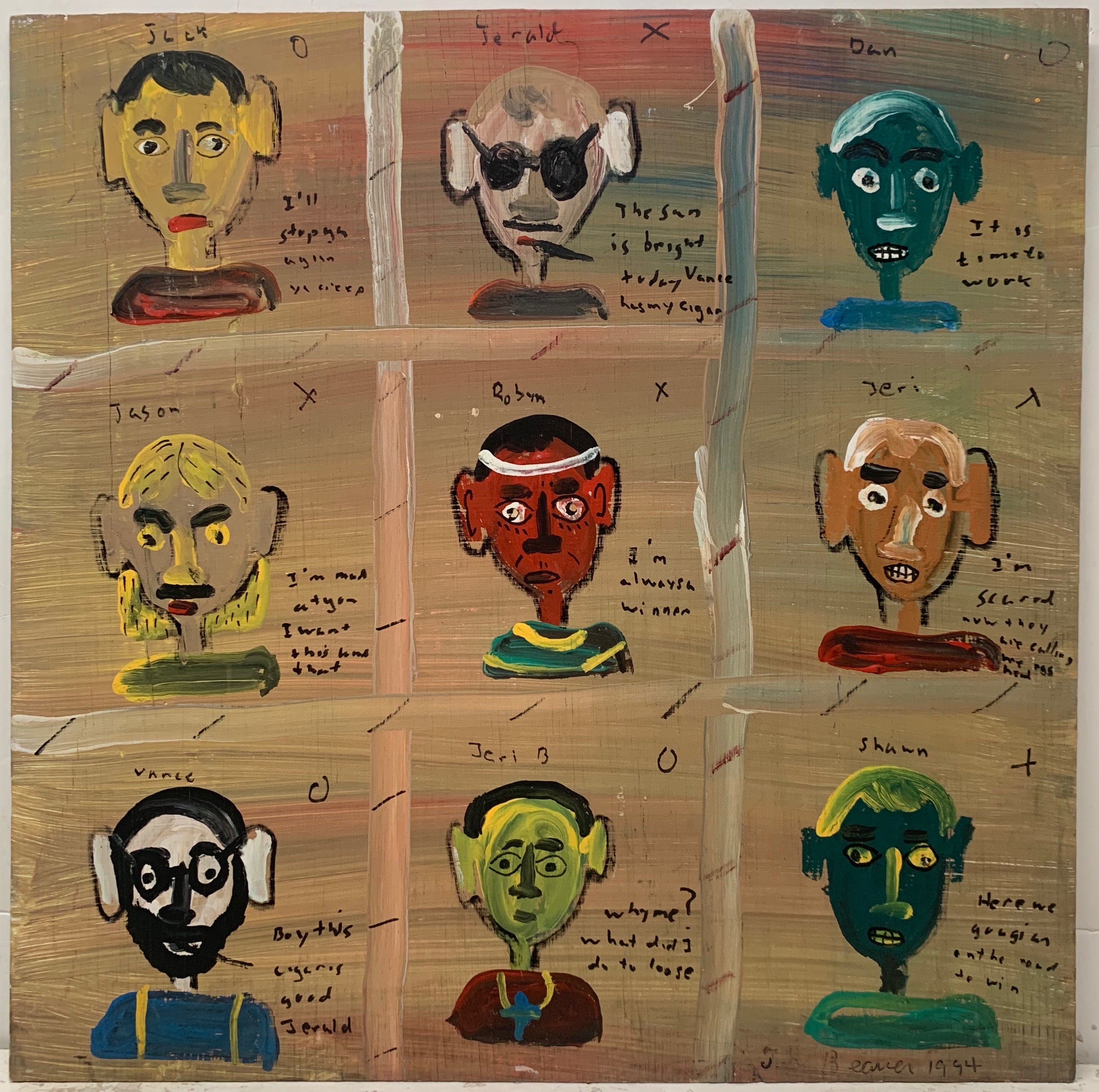 A painting by the Beaver divided into nine panels inside each a portrait of a different man. In fantastic colors.