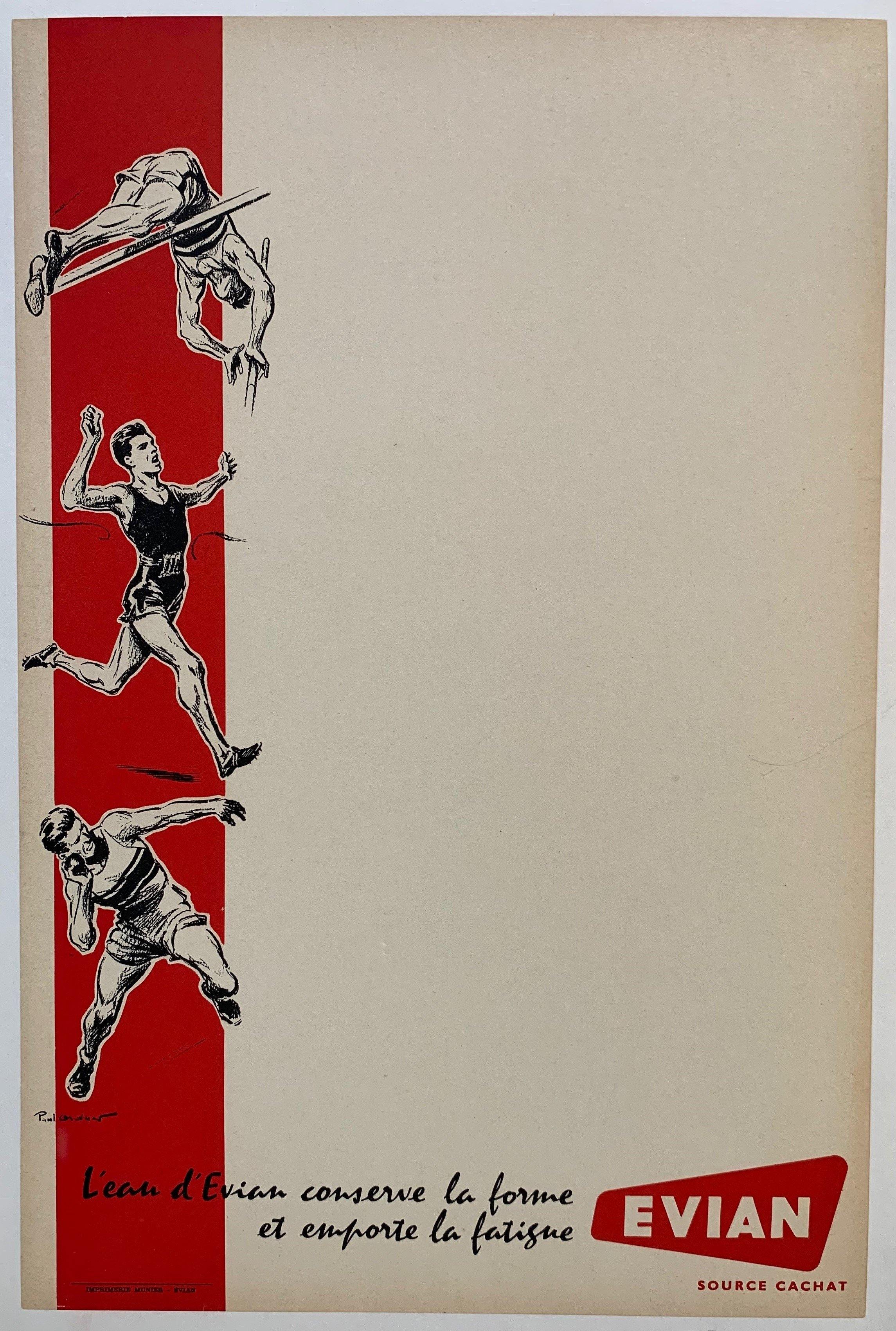 tan background with red stripe on left. 3 sport figures on red stripe