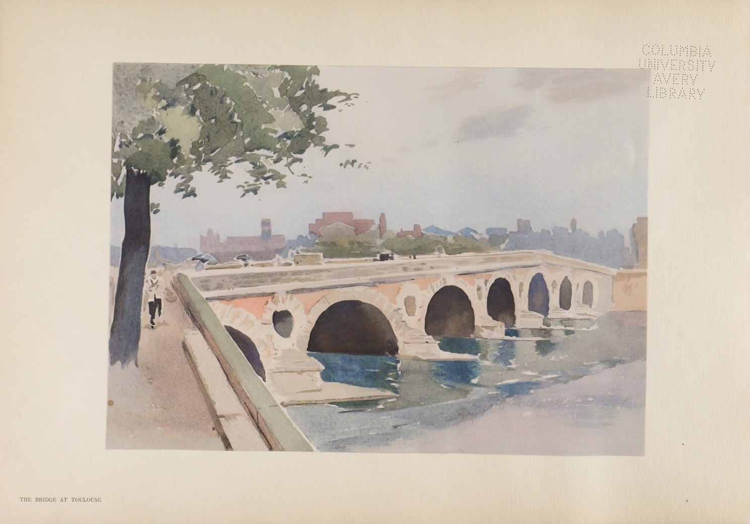 A stone bridge with several arches is over a river, with a riverbank filled with plants alongside it, and a faroff city in the back. Print of a watercolor.