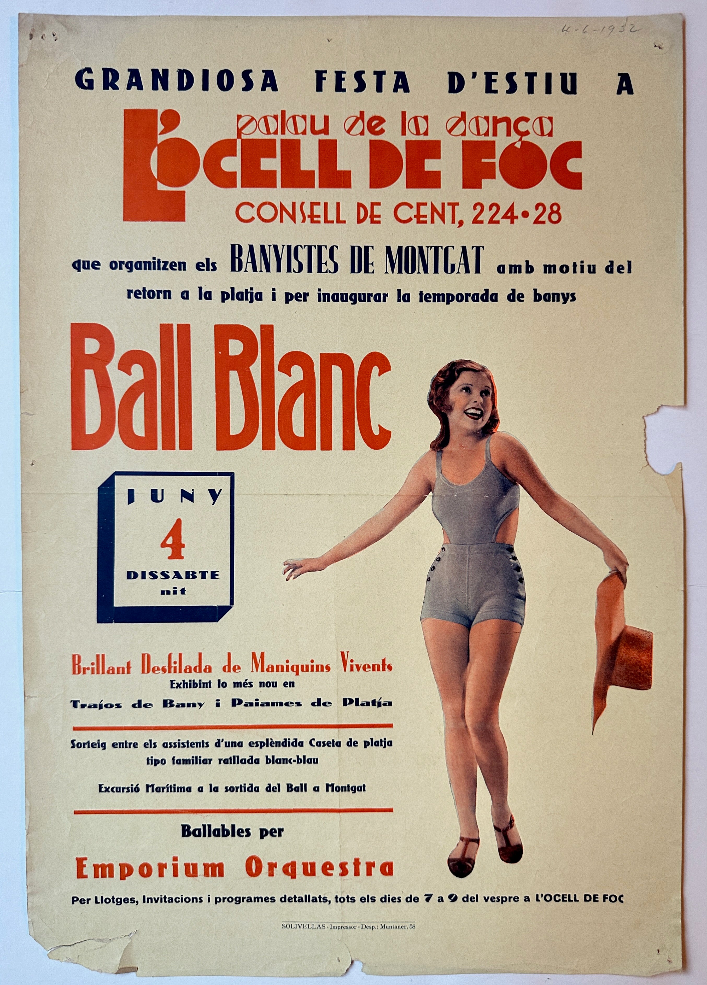 14x20 vertical poster, woman in swimsuit to right of text, black and red text in art deco style