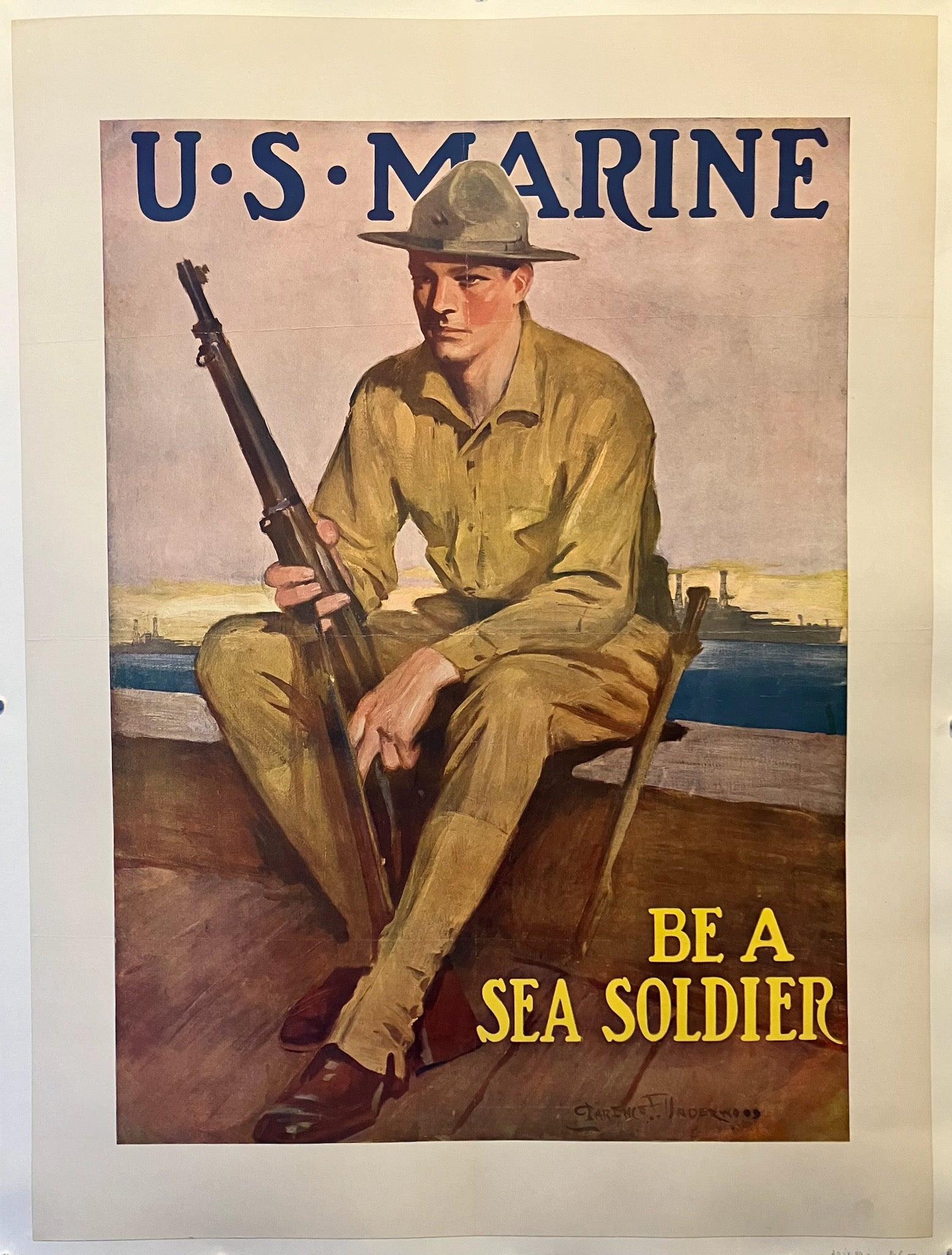 30.5x40.5 poster promoting US Marine recruiting featuring a soldier sitting and holding a rifle