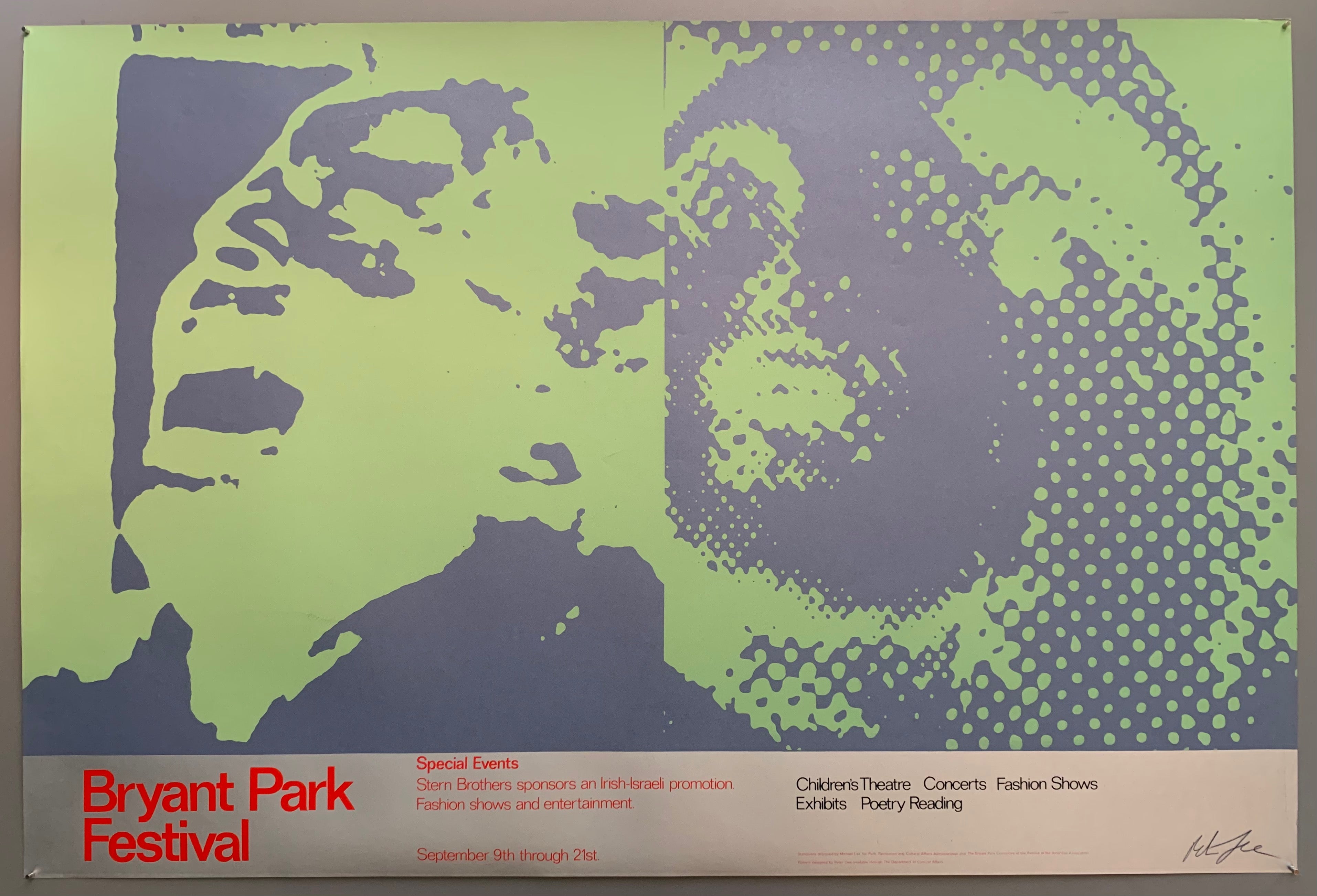 A man and a woman are shown with dramatic expressions, the highlights and shadows colored in a distinctly pop art style. The colors used are mint green on silver.
