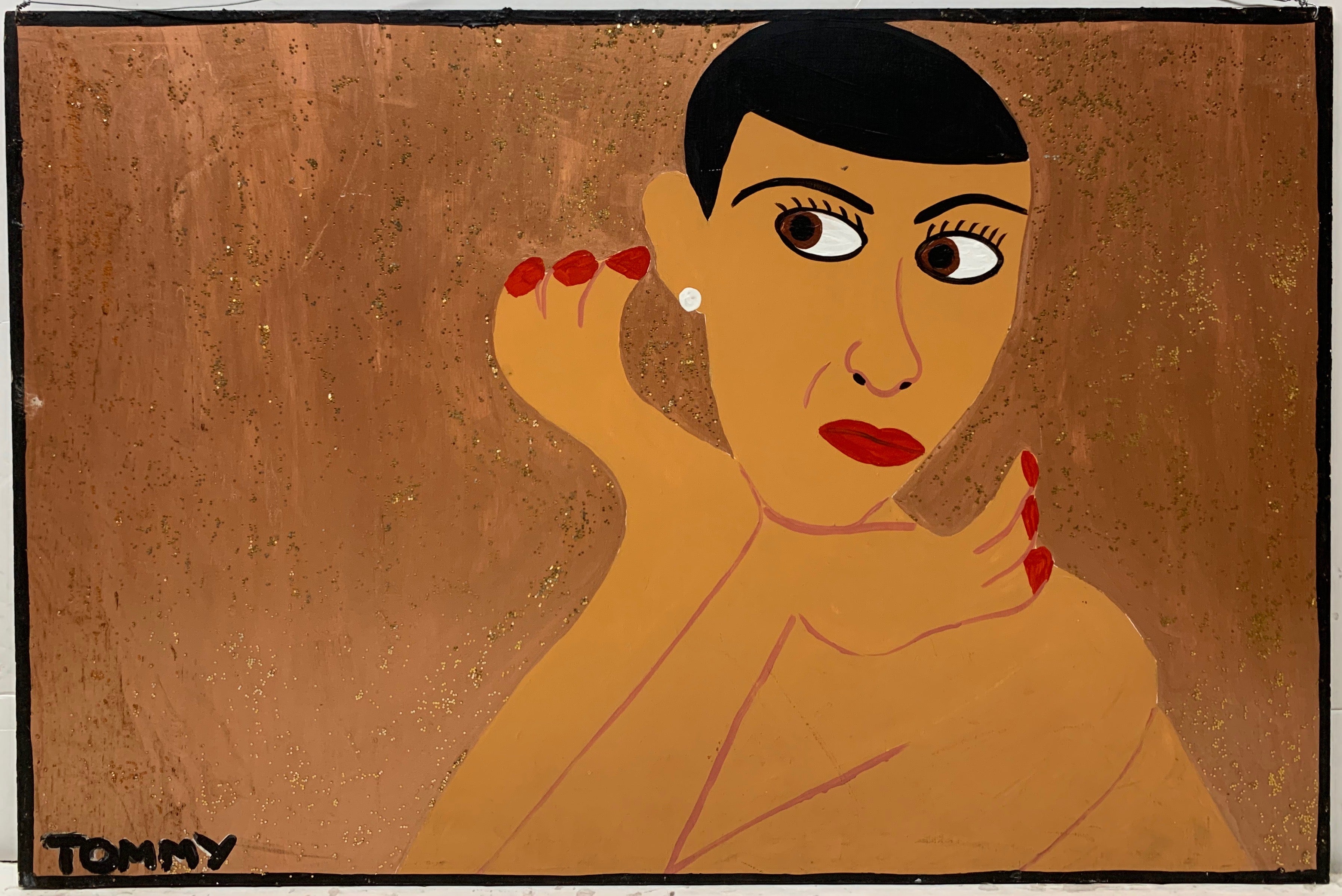 A Tommy Cheng portrait of Jadin Wong nude with a pearl earring and red nail polish.