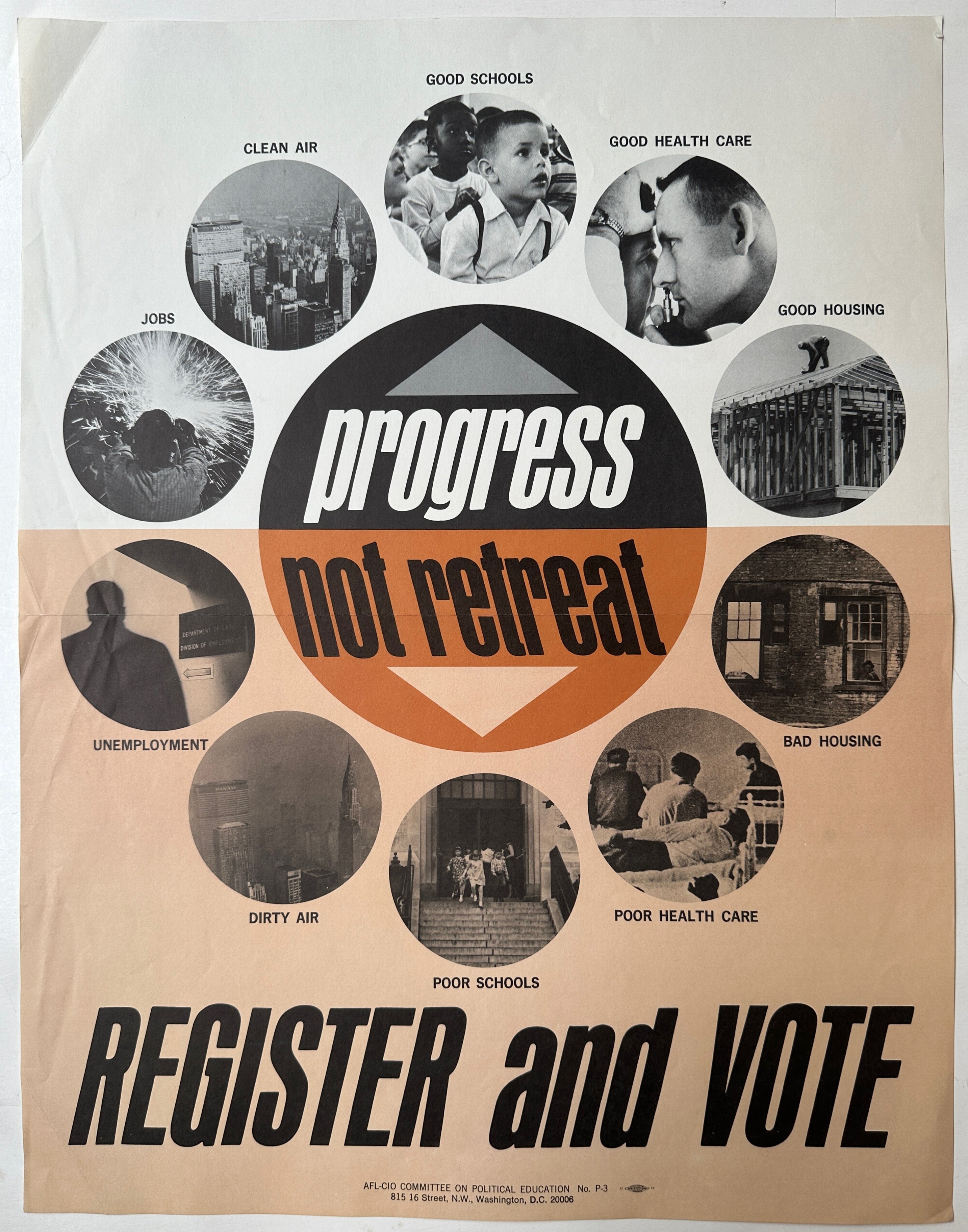 22x17 black and white, sepia poster promoting worker involvement in american politics featuring progressive vs backwards social characteristics with slogan