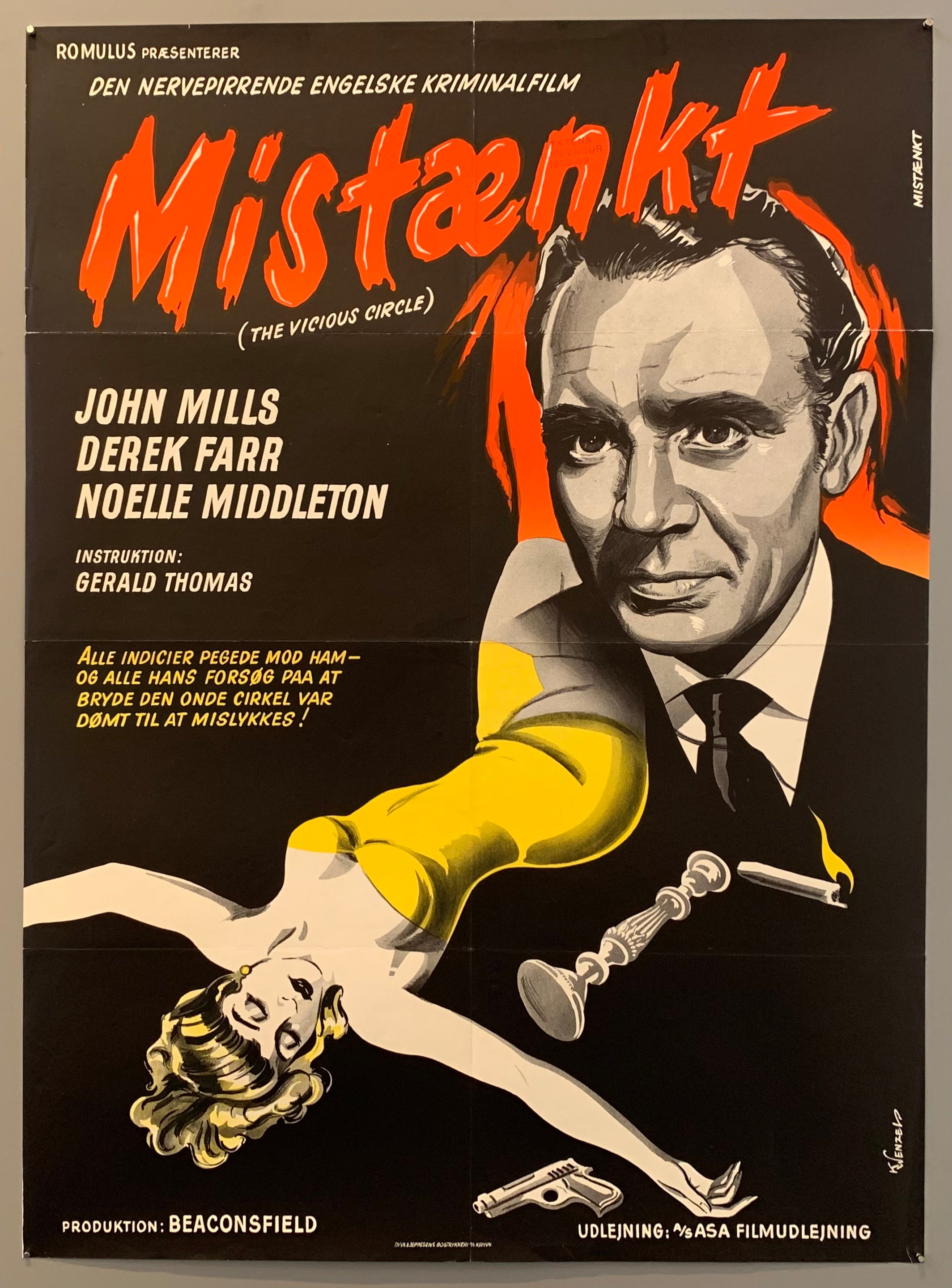 Artistic rendition of woman laying on ground unconscious and John Mills' character staring forlornly into distance