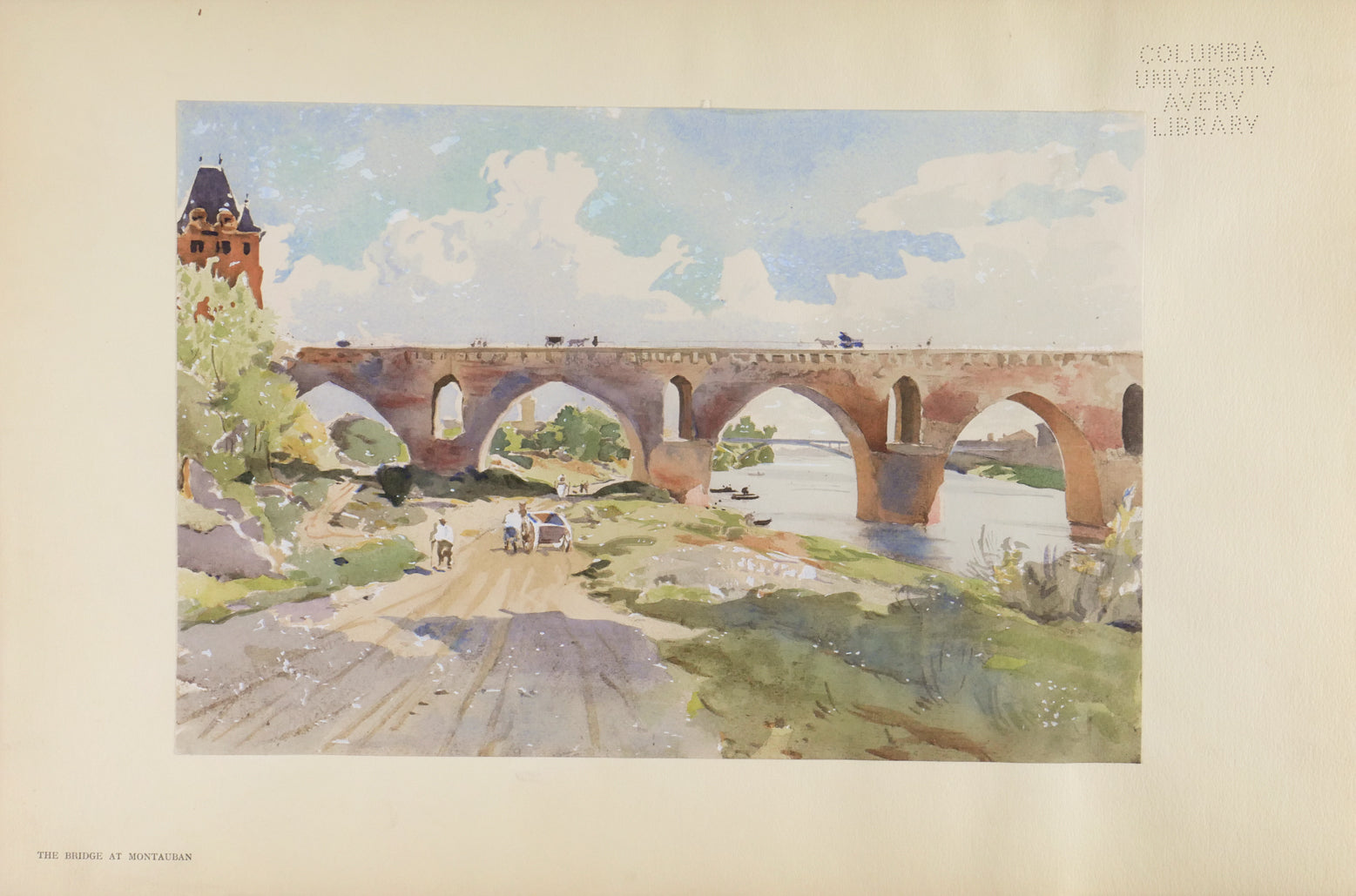 A stone bridge with several arches is over a river, with a riverbank filled with plants alongside it, and a faroff city in the back. Print of a watercolor.