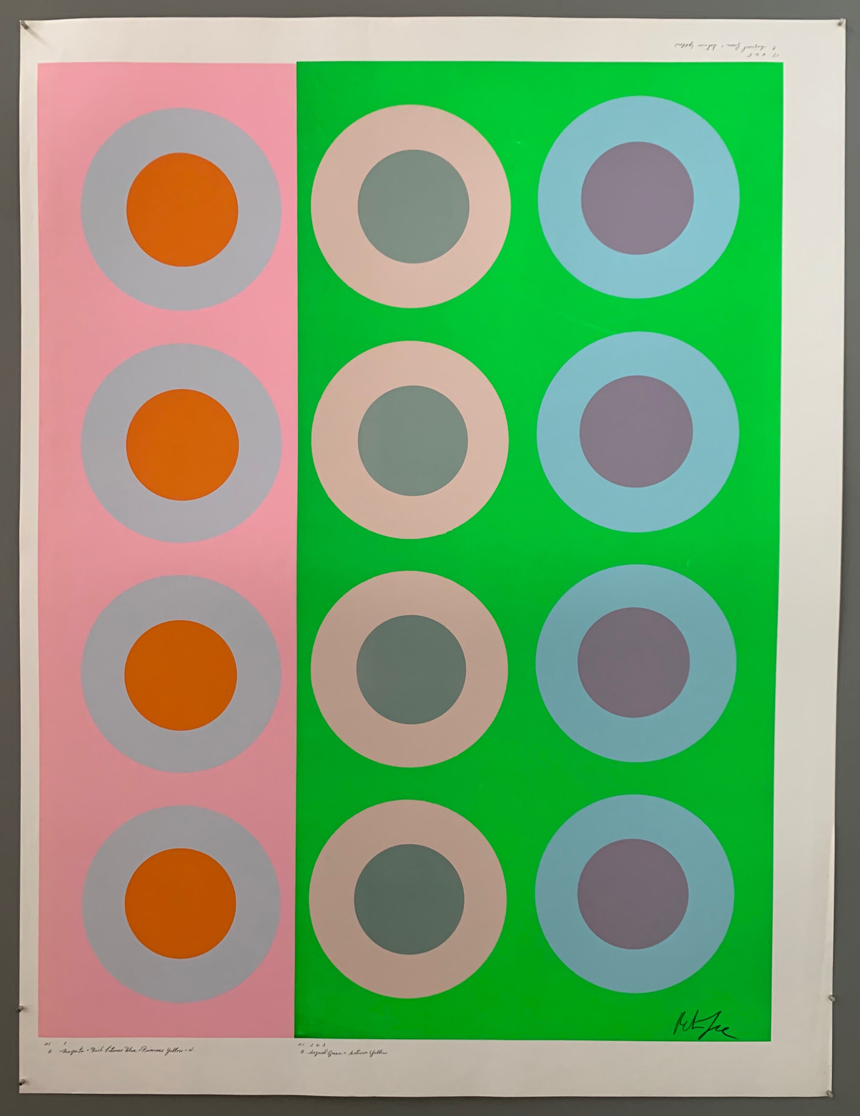 Three rows of targets on pink and green panels