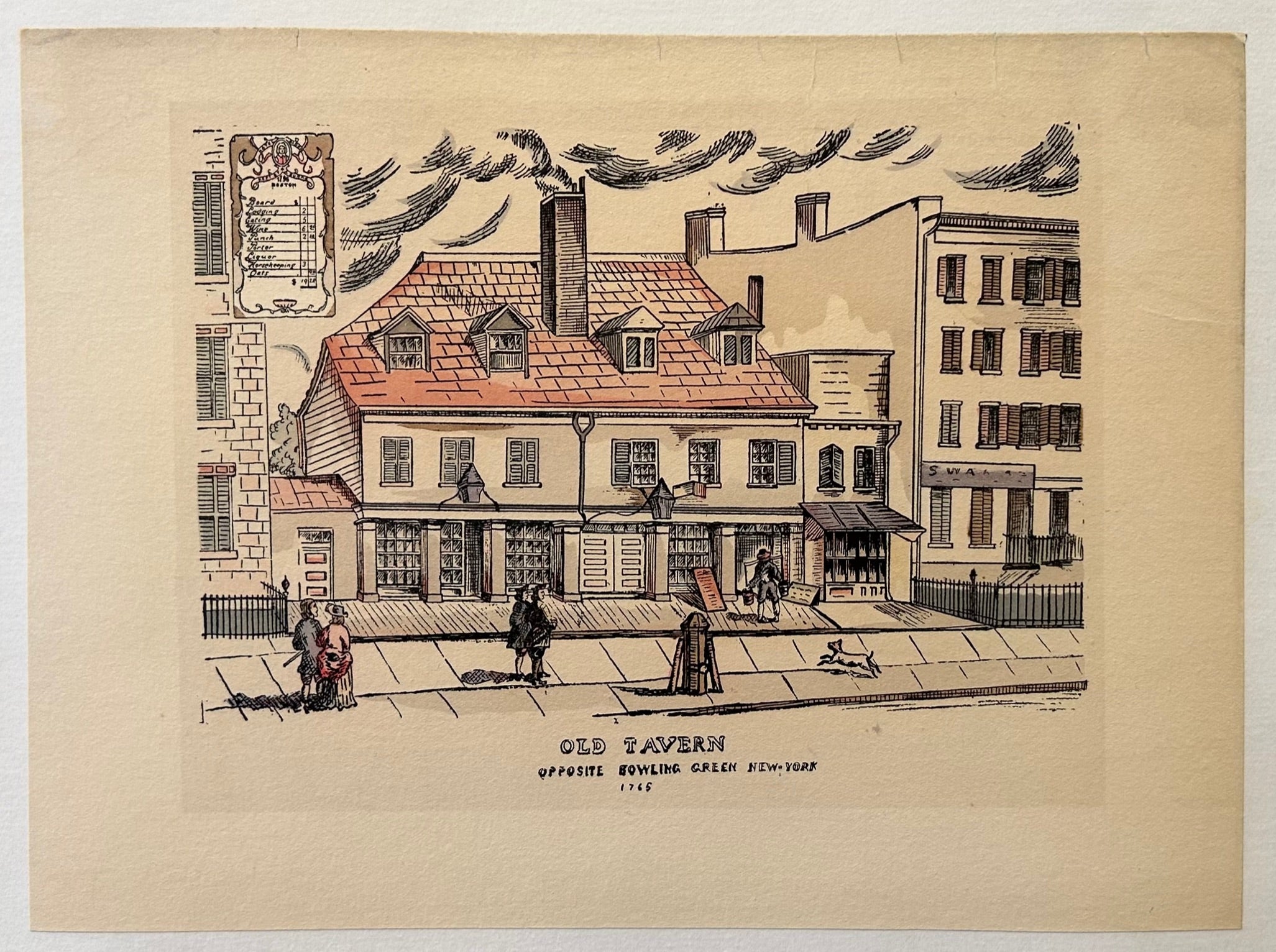 A sketch of a tavern with a red brick roof and a smokestack. People walk on the street in front, and clouds are depicted on the top.