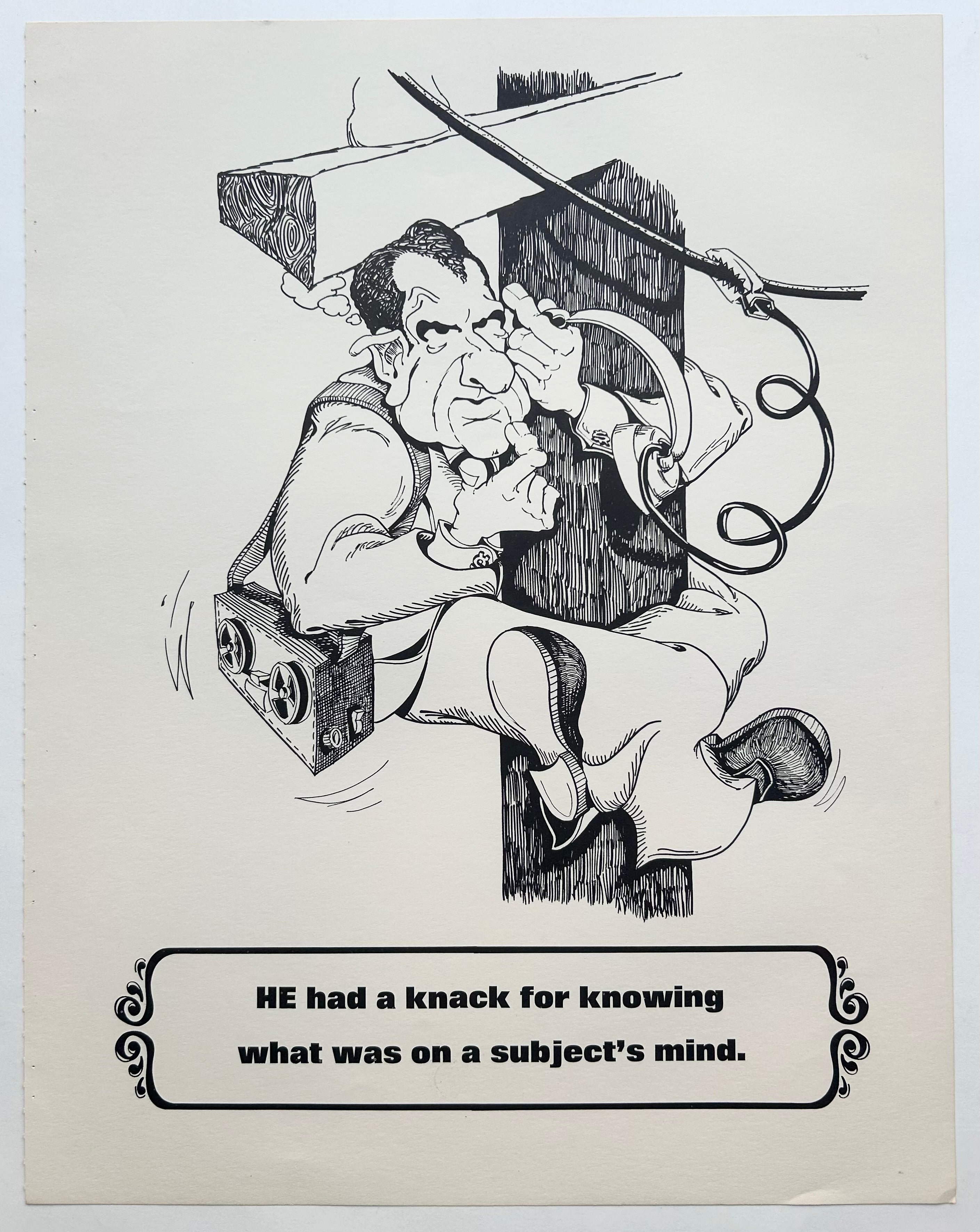 White background with sketch of Nixon in black, and the text on the bottom of the page in a swirl motif. Him is capitalized.