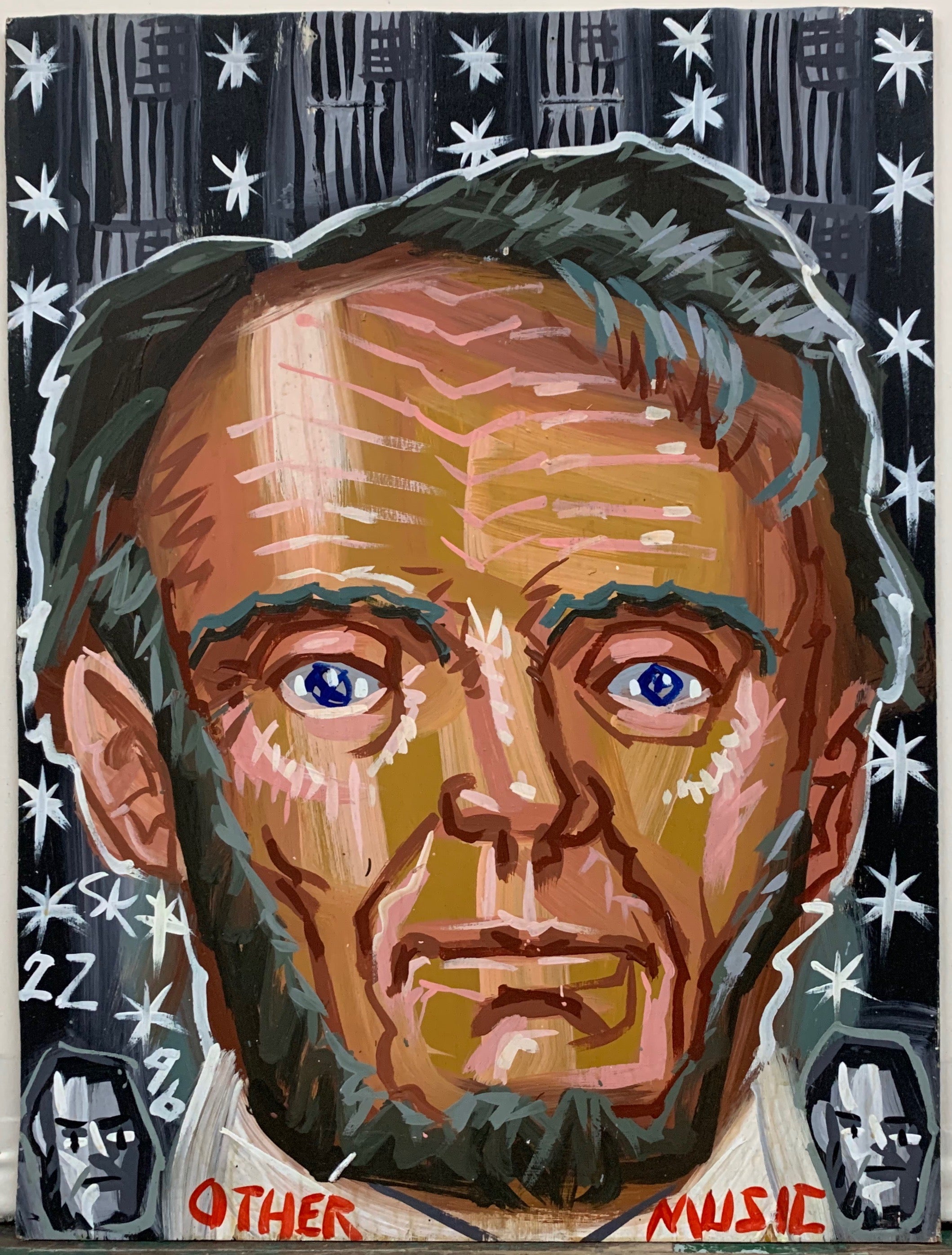 A Steve Keene painting of a portrait of Abraham Lincoln, on a black and white starry background.