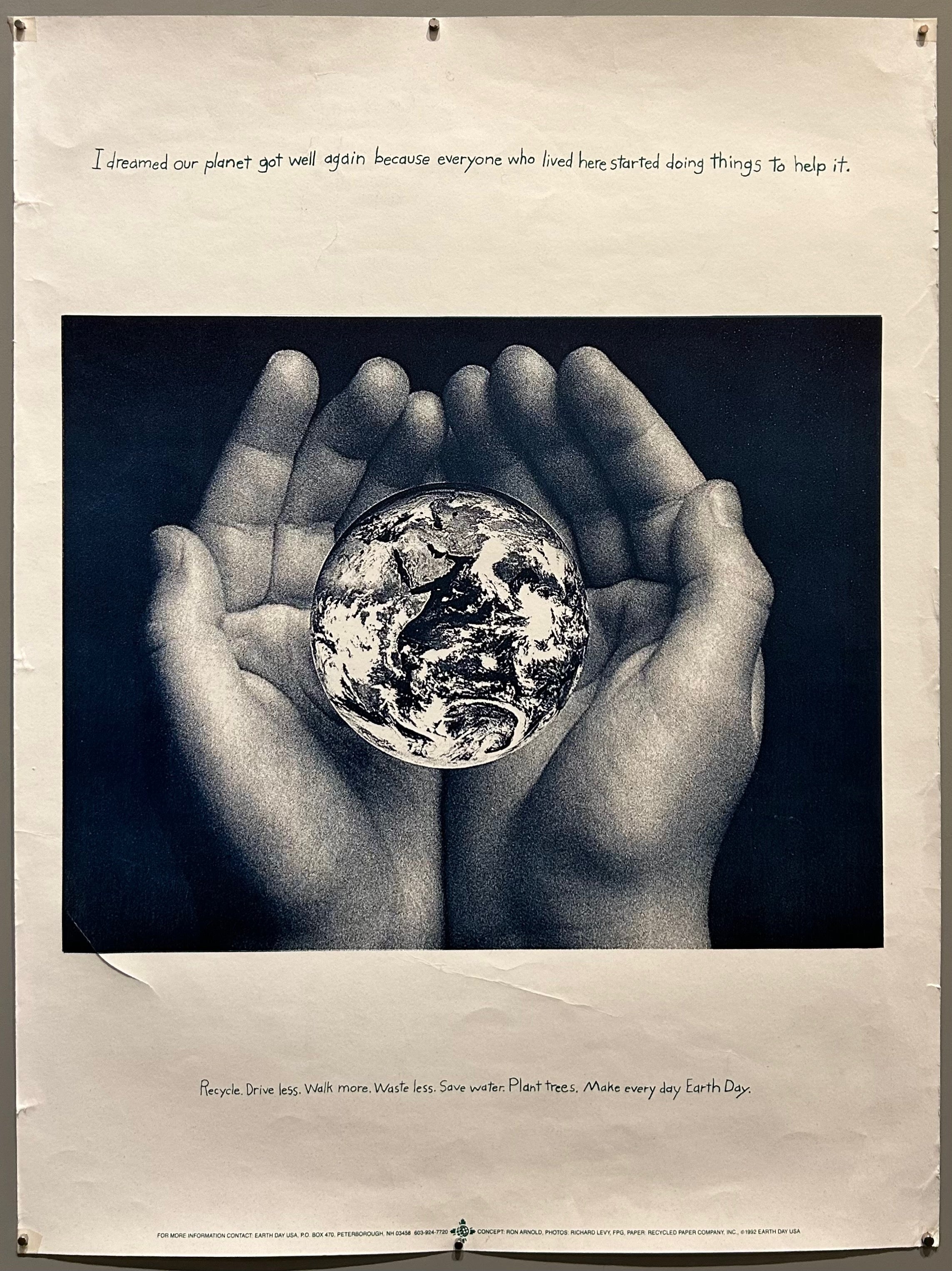 23x17 earth day usa 1992 poster featuring childs hands holding globe with environmentalist message above and below