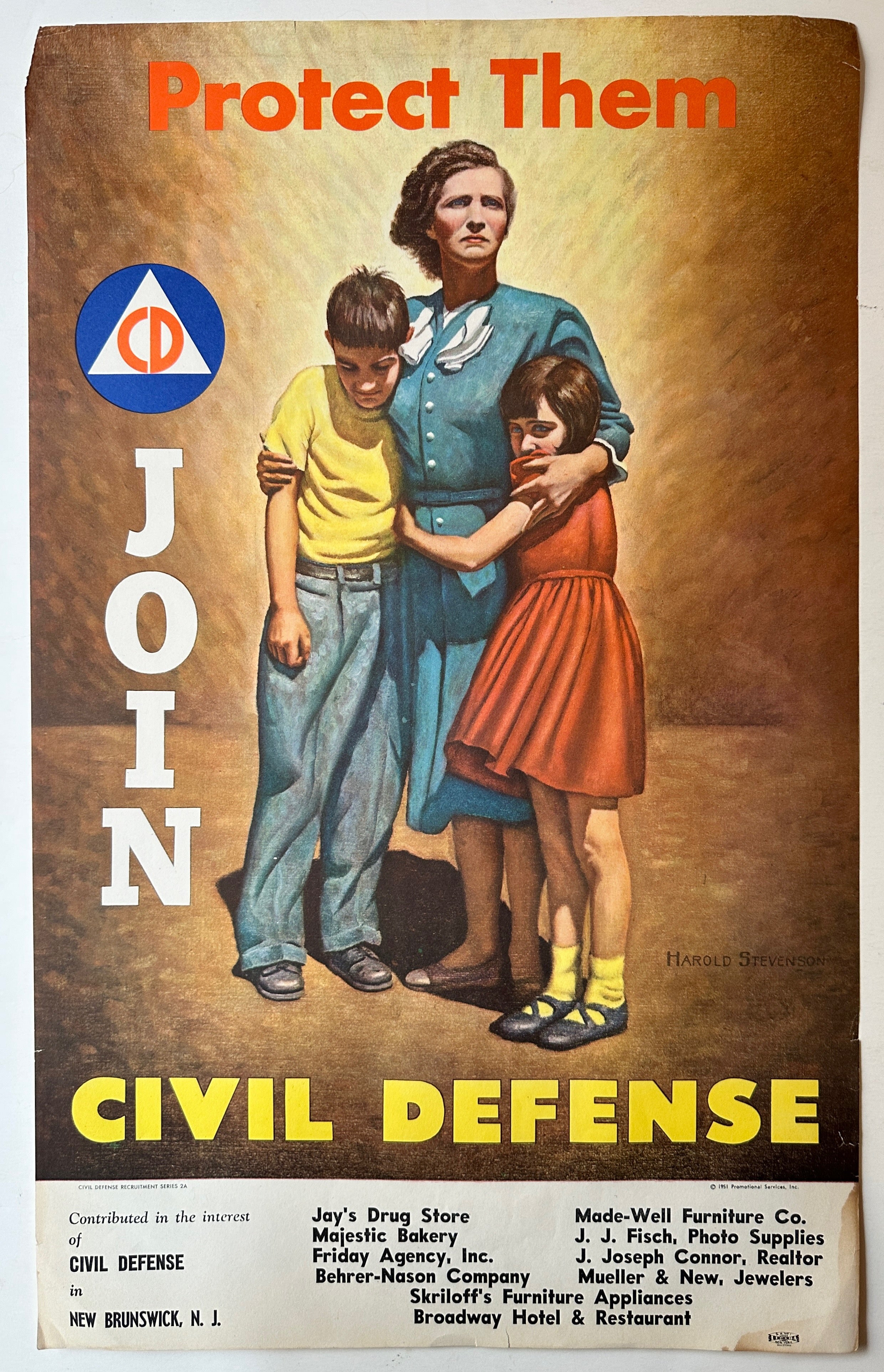 A mother holds her two children in her arms while looking defiantly into the distance. Orange, white, and yellow block text with a brown background that gets lighter around the family. White box underneath artwork with contributers to the cause in black text.