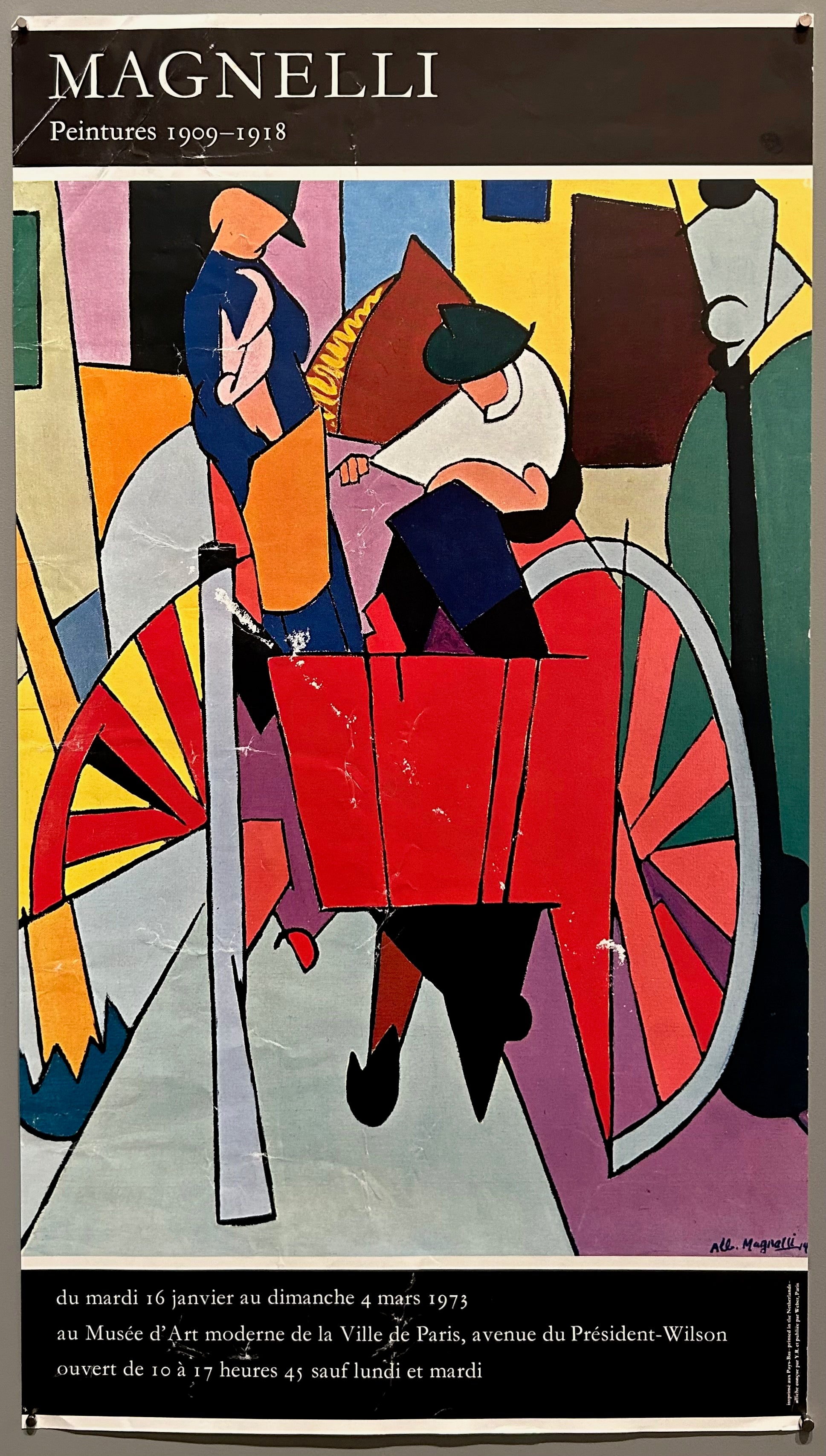 20.5x11.5 french poster advertising exhibition at the modern art museum of paris on italian concrete art painter alberto magnelli featuring piece by magnelli and exhibition information