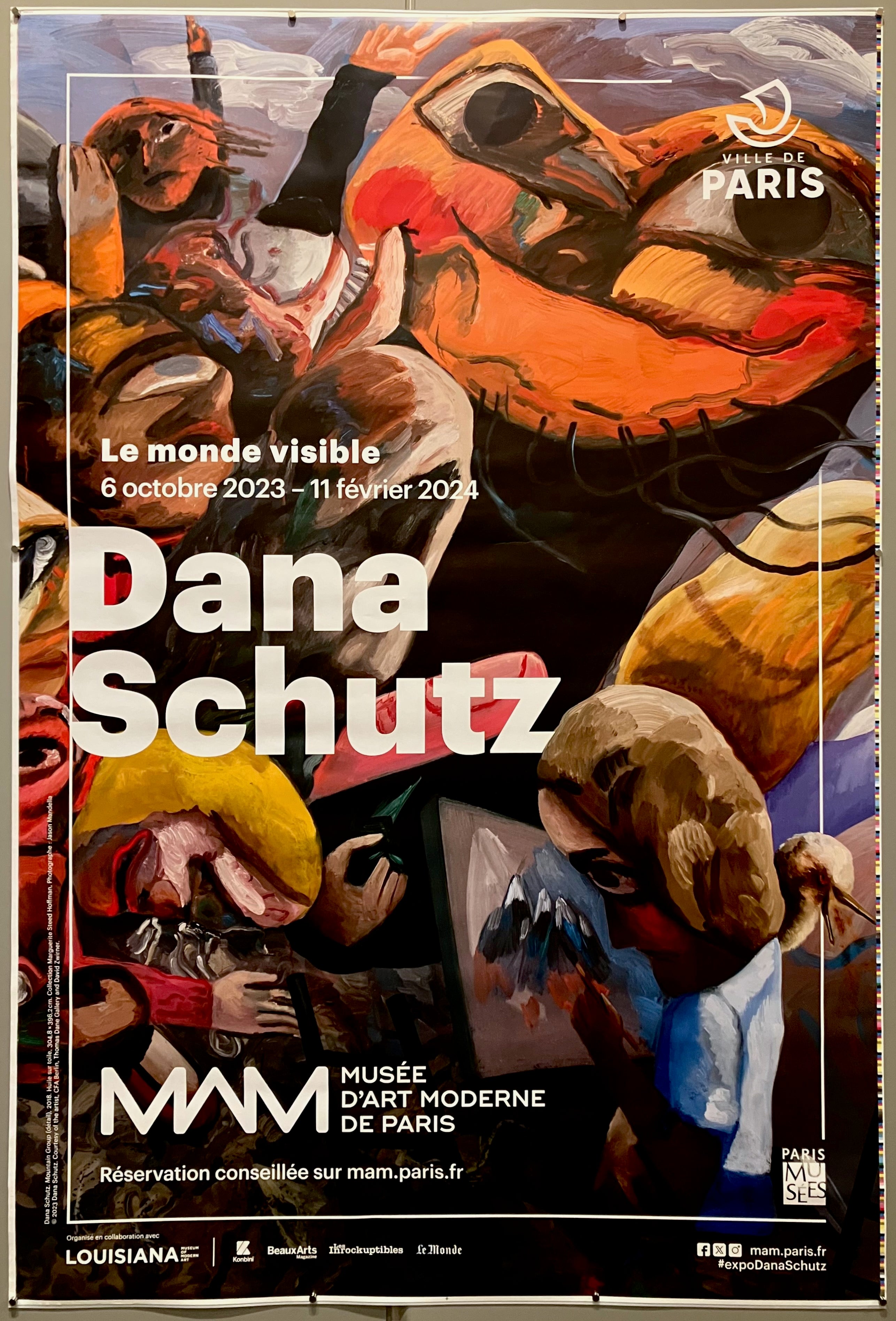 69x46.5 exhibition poster paris museum of modern art for american modern expressionist artist dana schutz featuring exhibition information with schutz artwork in background