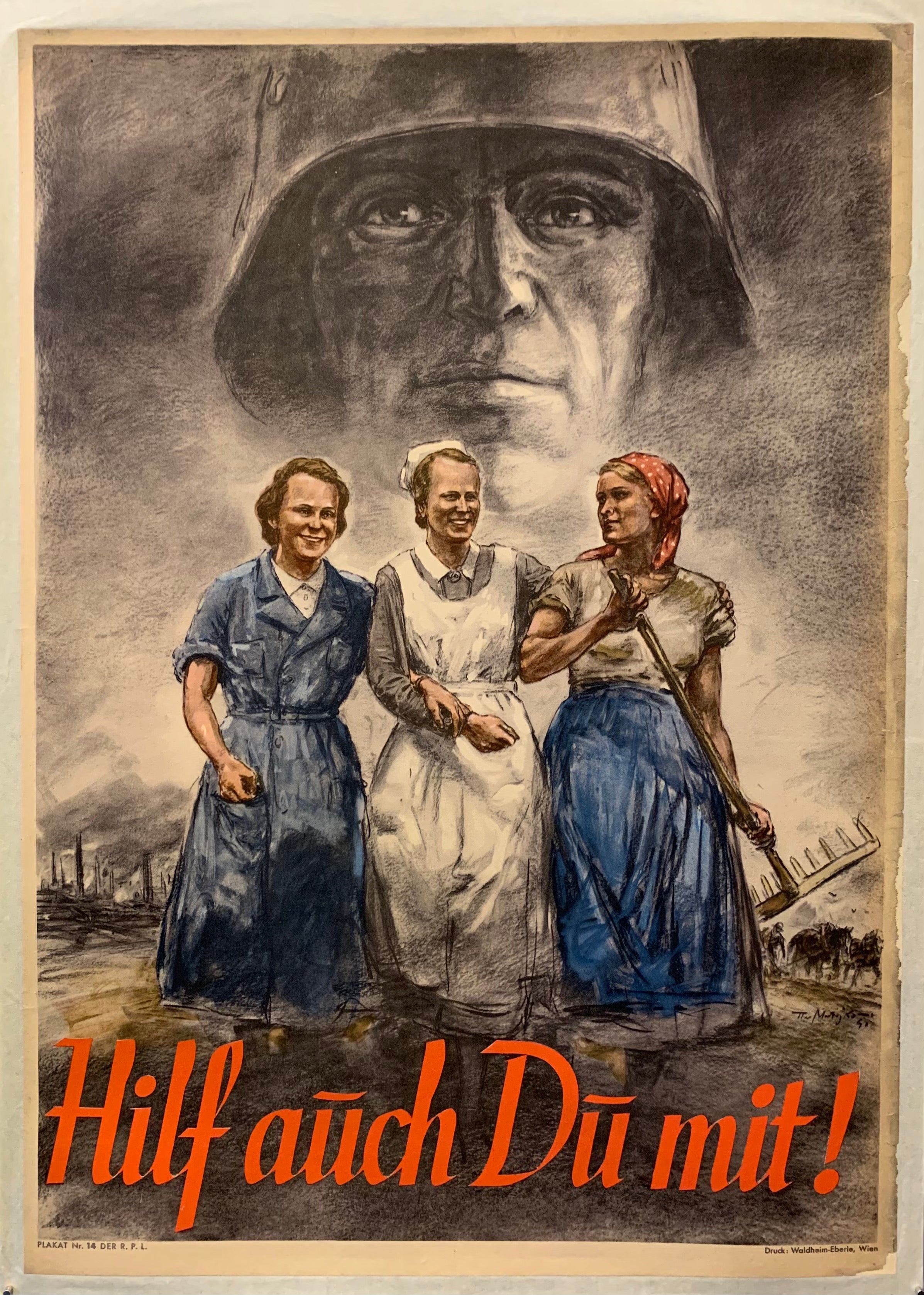 Nazi ideology relegated women to a purely domestic role. The demands of war, however, forced the Party to rely heavily on female labour. This poster seeks to reconcile the reality of the labour need with a Nazi ideal of womanhood. The portrait of the soldier looms above the factory worker, nurse and agricultural labourer, suggesting that these women are still essentially serving men.