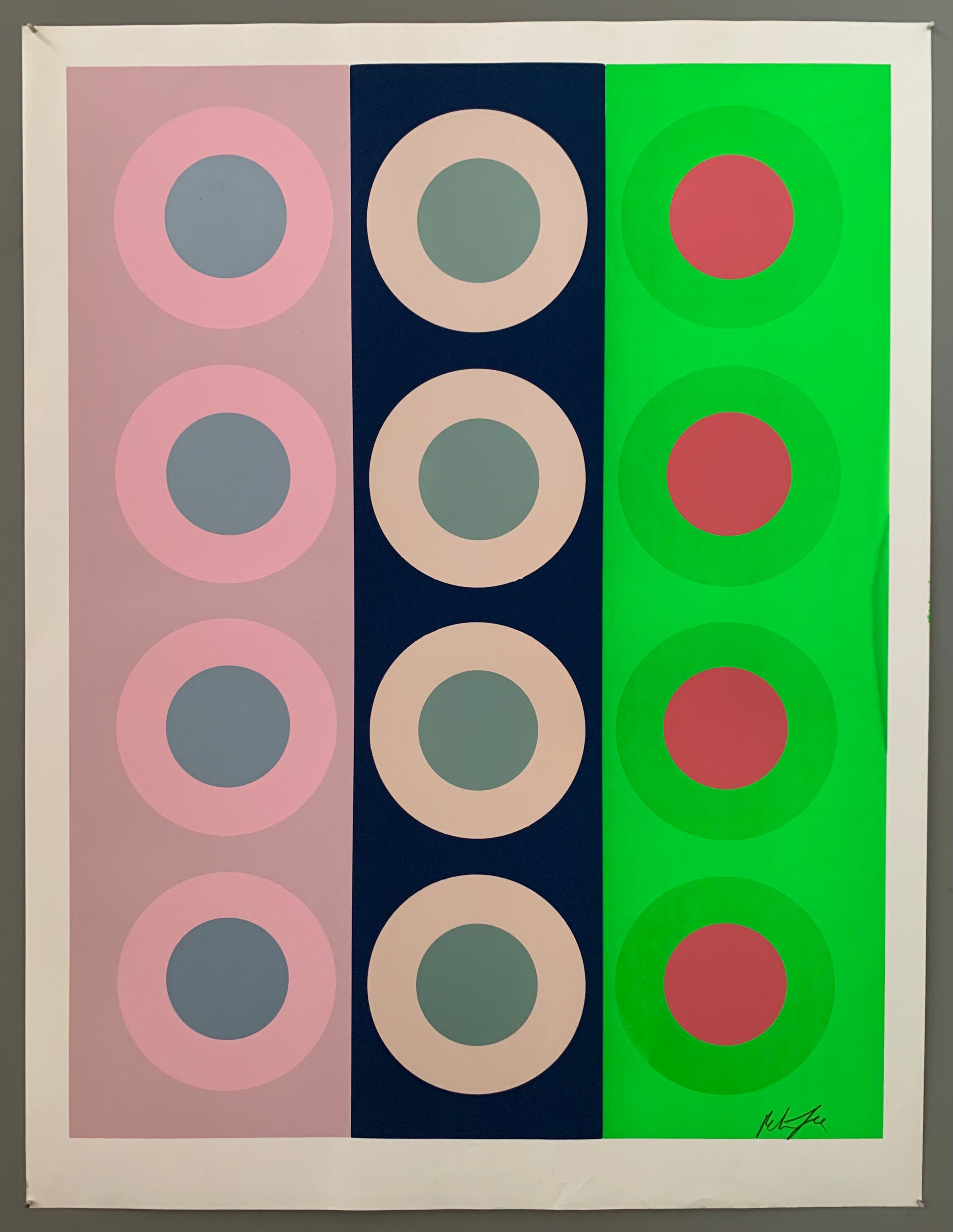 Three rows of targets on green and blue panels