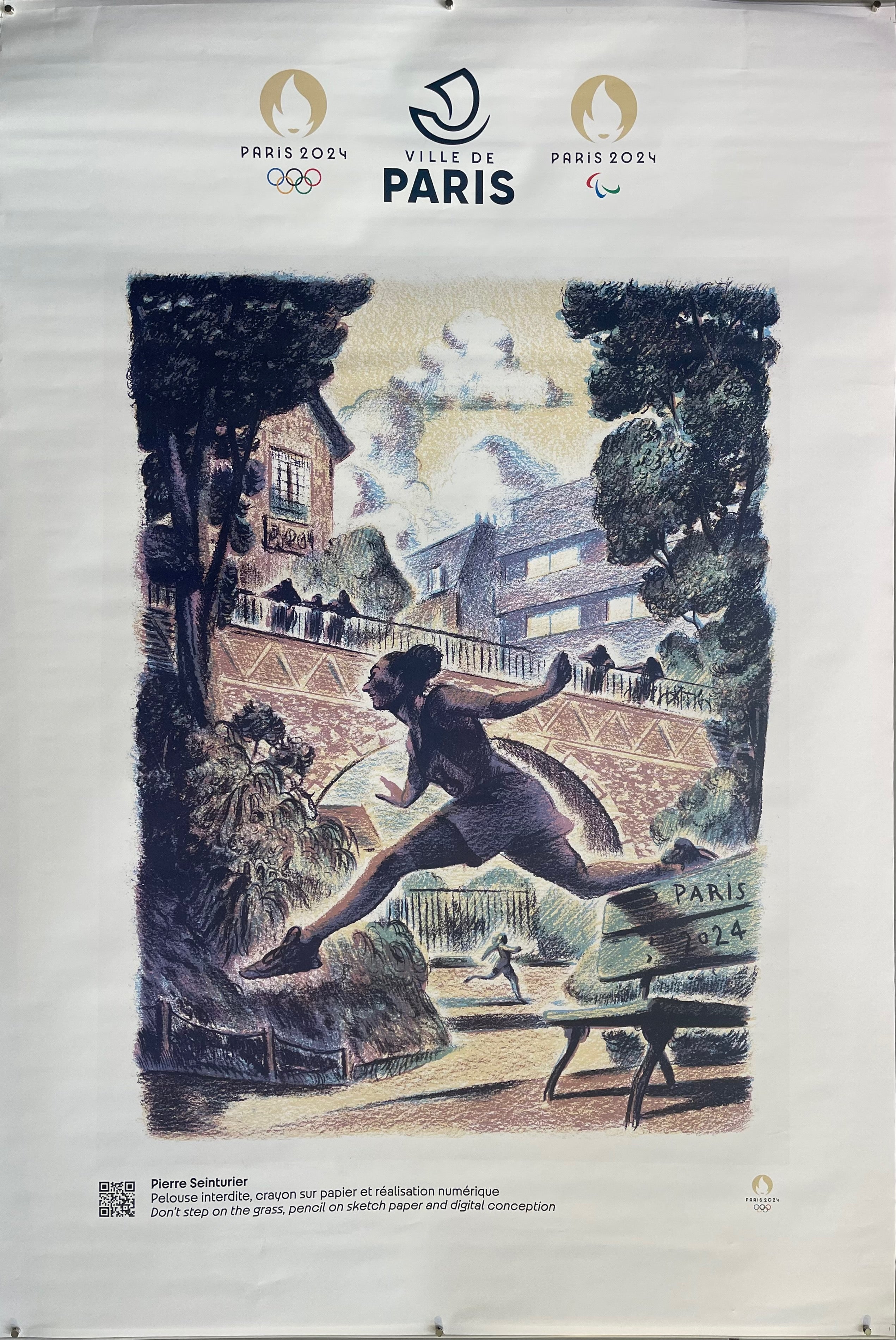 70x47 french 2024 olympics cultural olympiad poster featuring pencil illustration of two runners in park being watched by crowd