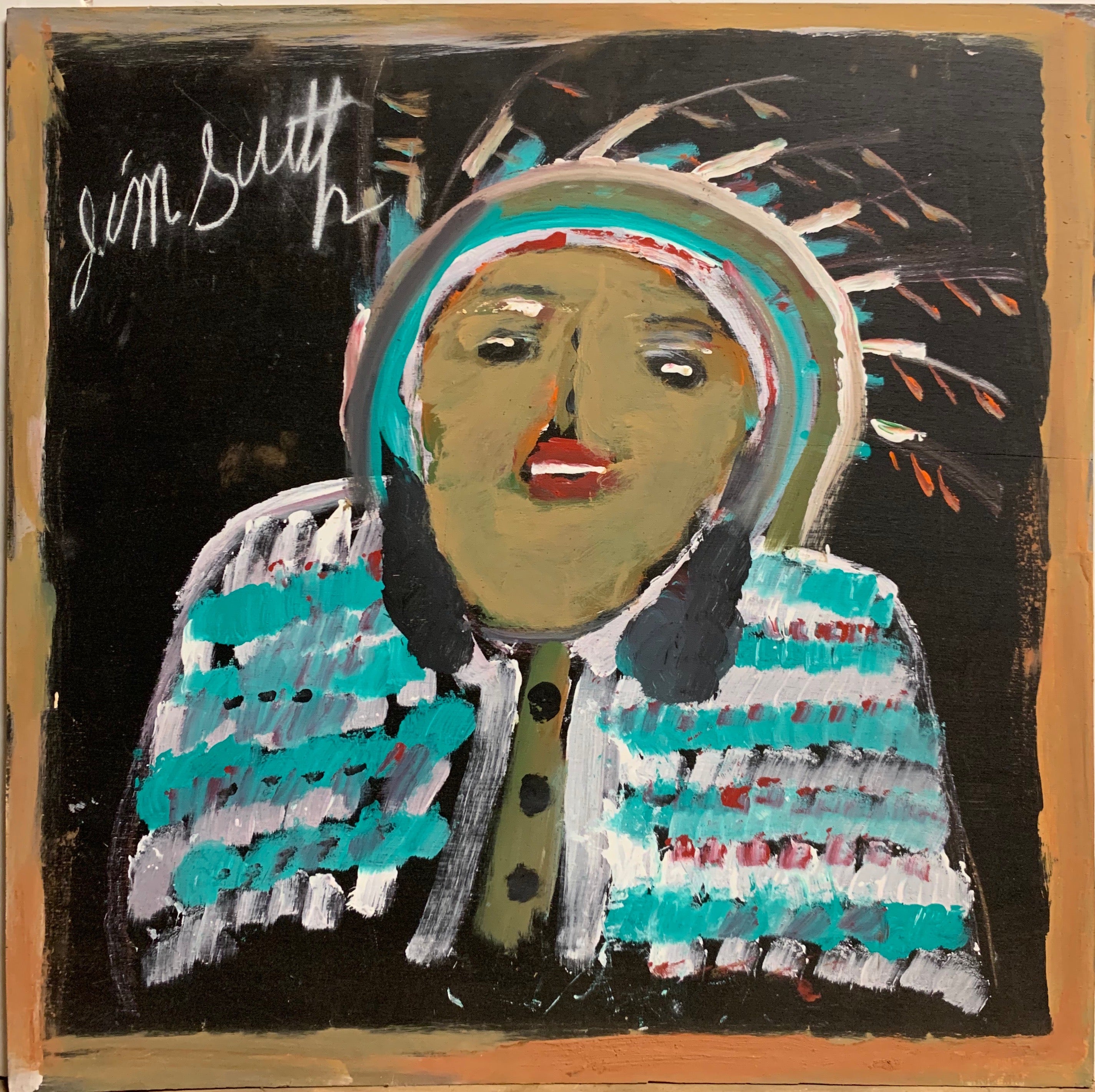 A painting of a Native American.