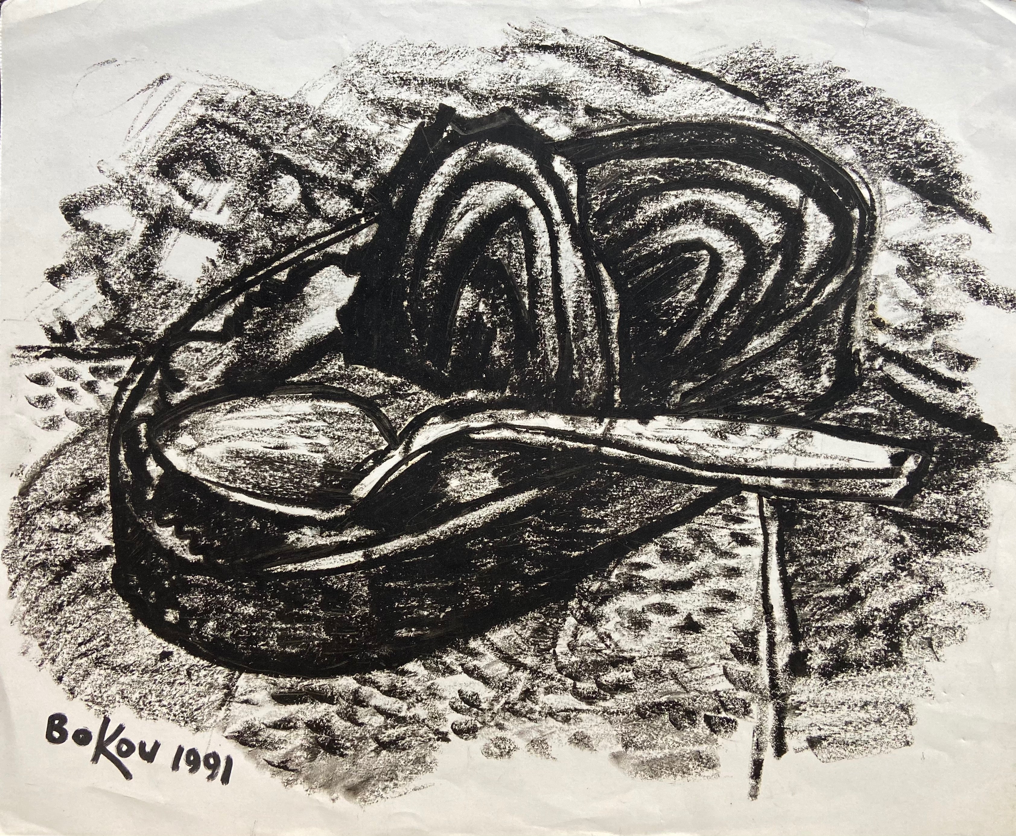 charcoal drawing of a spoon in a tin of food