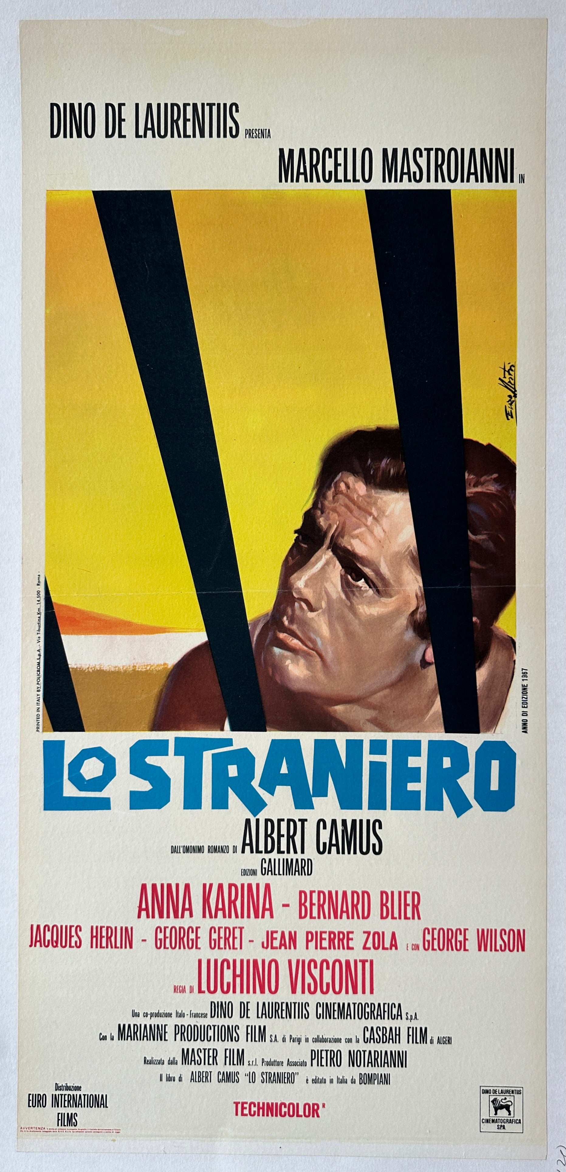 12x26 linen backed film poster for Lo Straniero starring Marcello Mastroianni with an illustration of his face behind bars