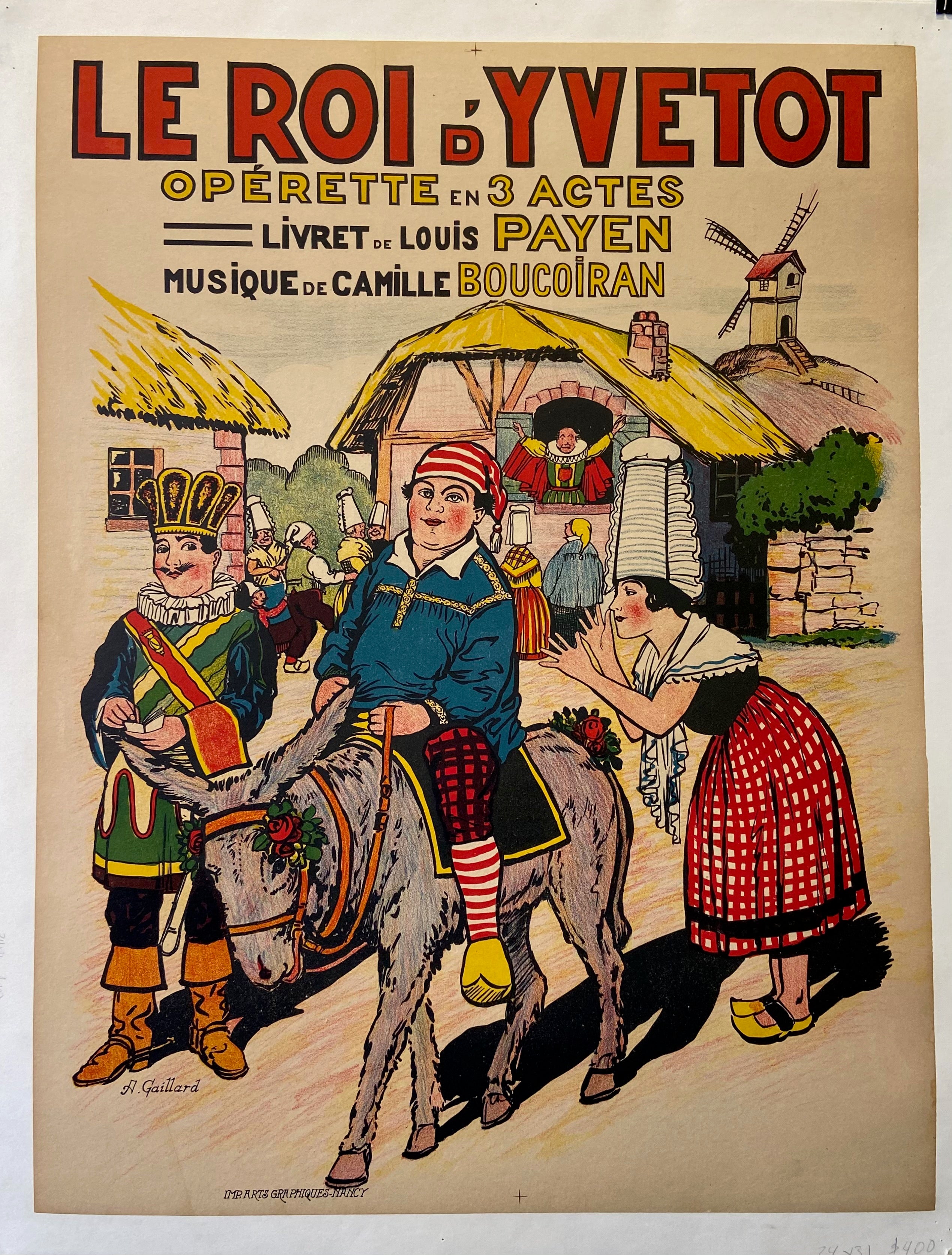 Poster showing a man riding a donkey out of a village