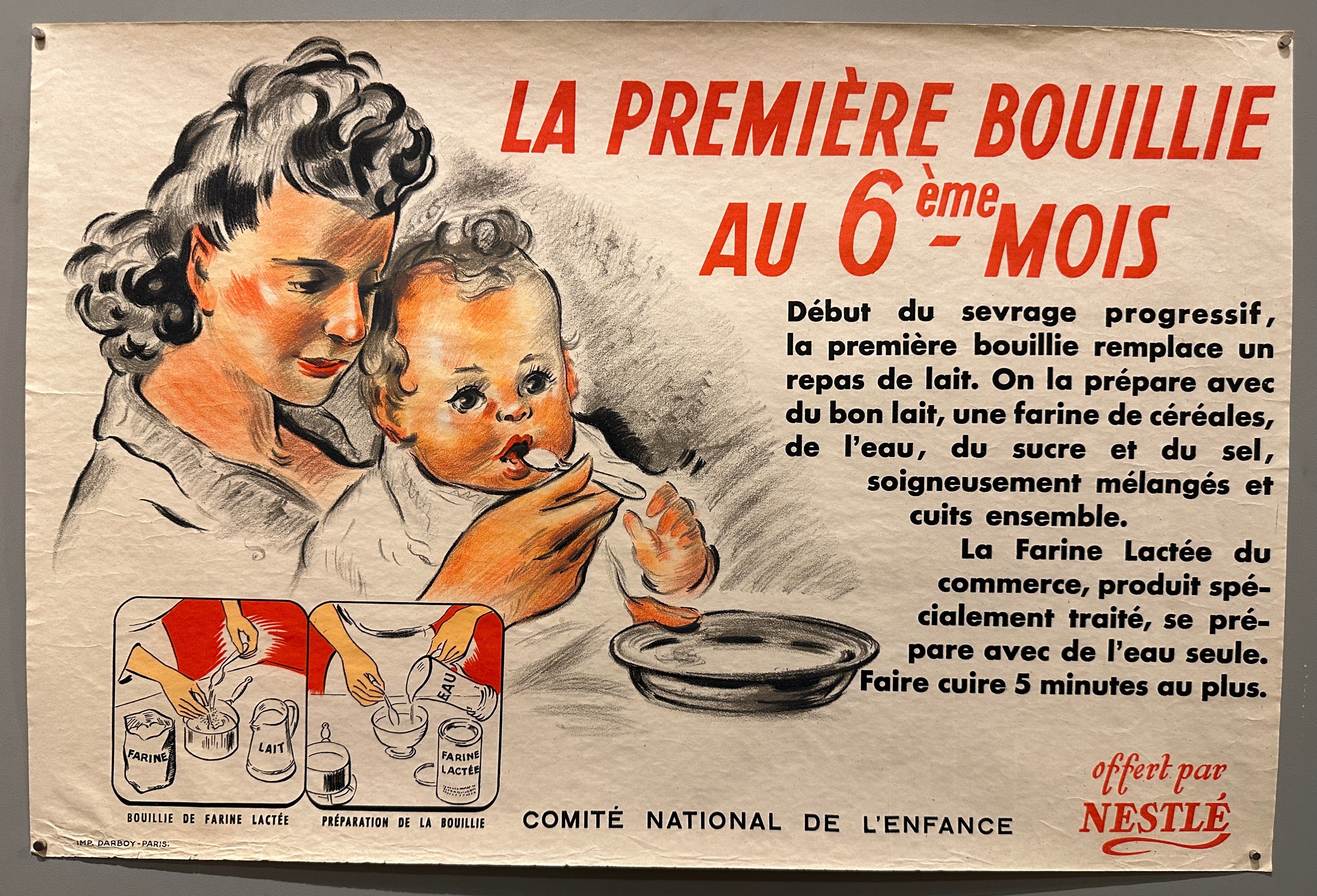 24x16 horizontal poster, illustrated mother and child on left-hand side next to red and black text for Nestle