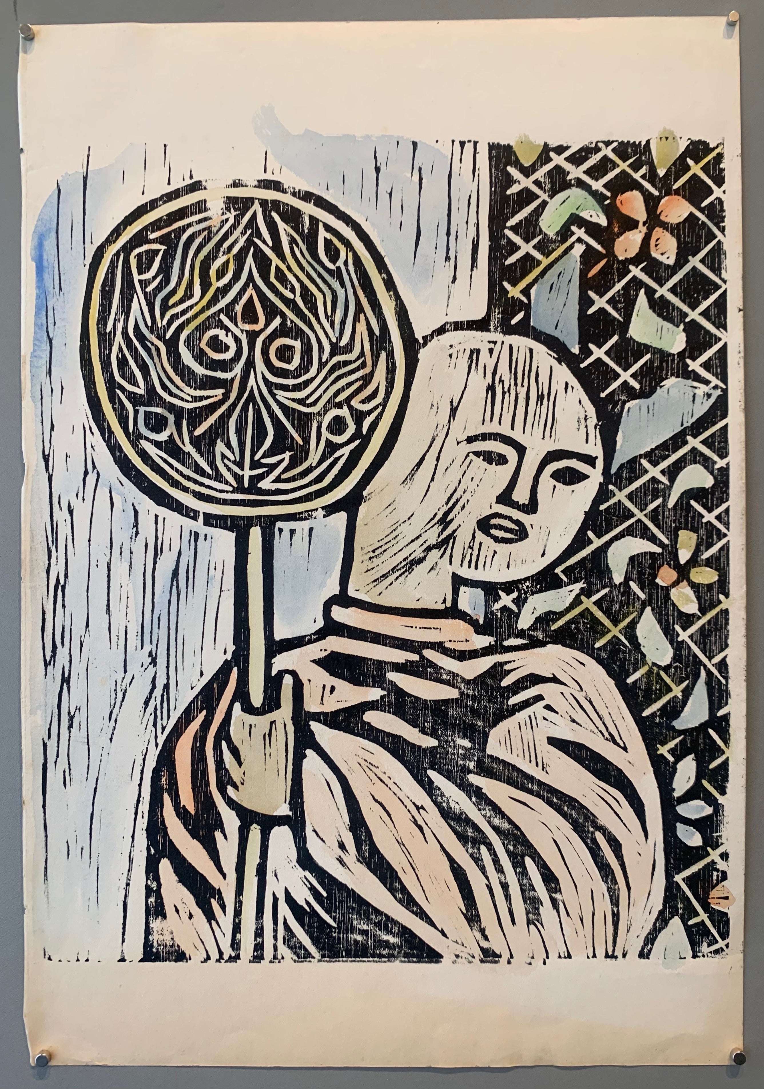 woodblock of a monk with a staff