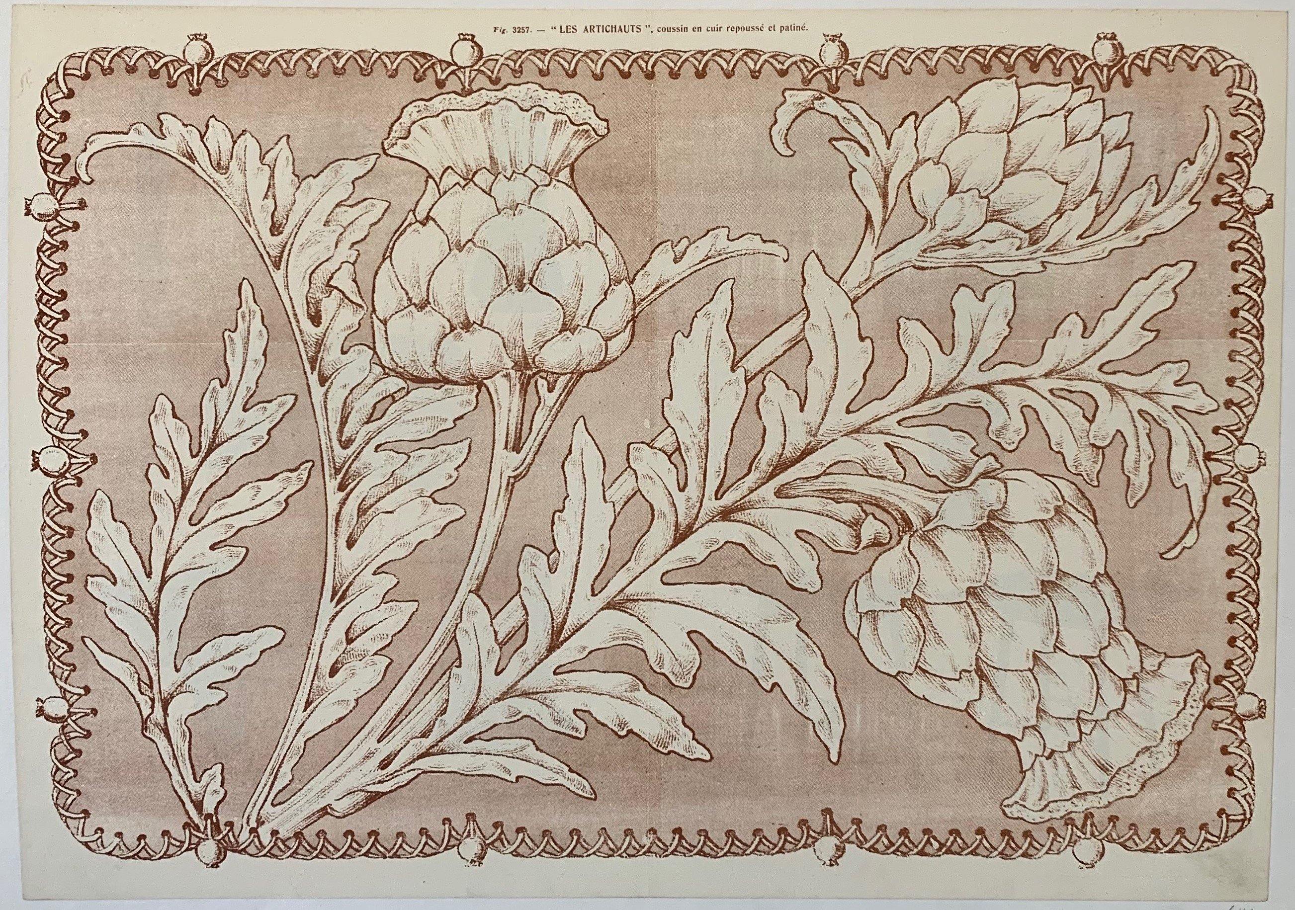 white and gray artichokes and leaves. surrounding them is a weave of leather laces