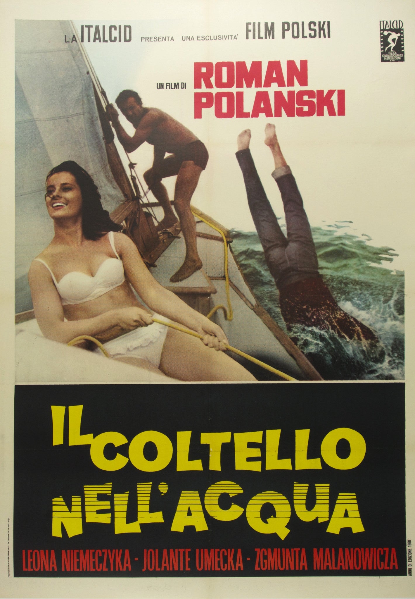 Vintage movie poster for 'Il Coltello Nell'Acqua' featuring a woman in a swimsuit, a man standing on a boat, and a stabbing scene in the foreground.