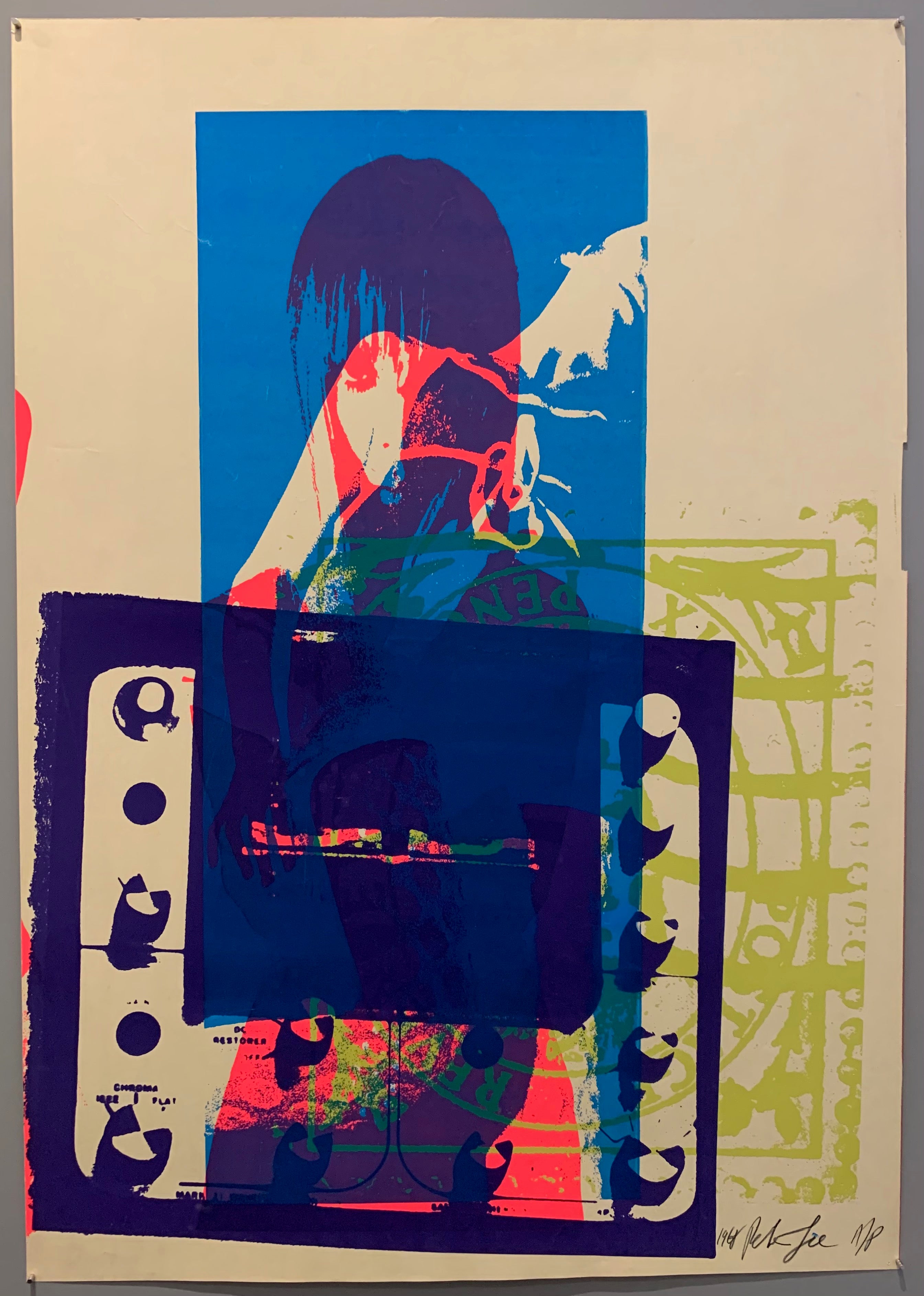 A mix of pop art-style images lay over each other in many neon colors.