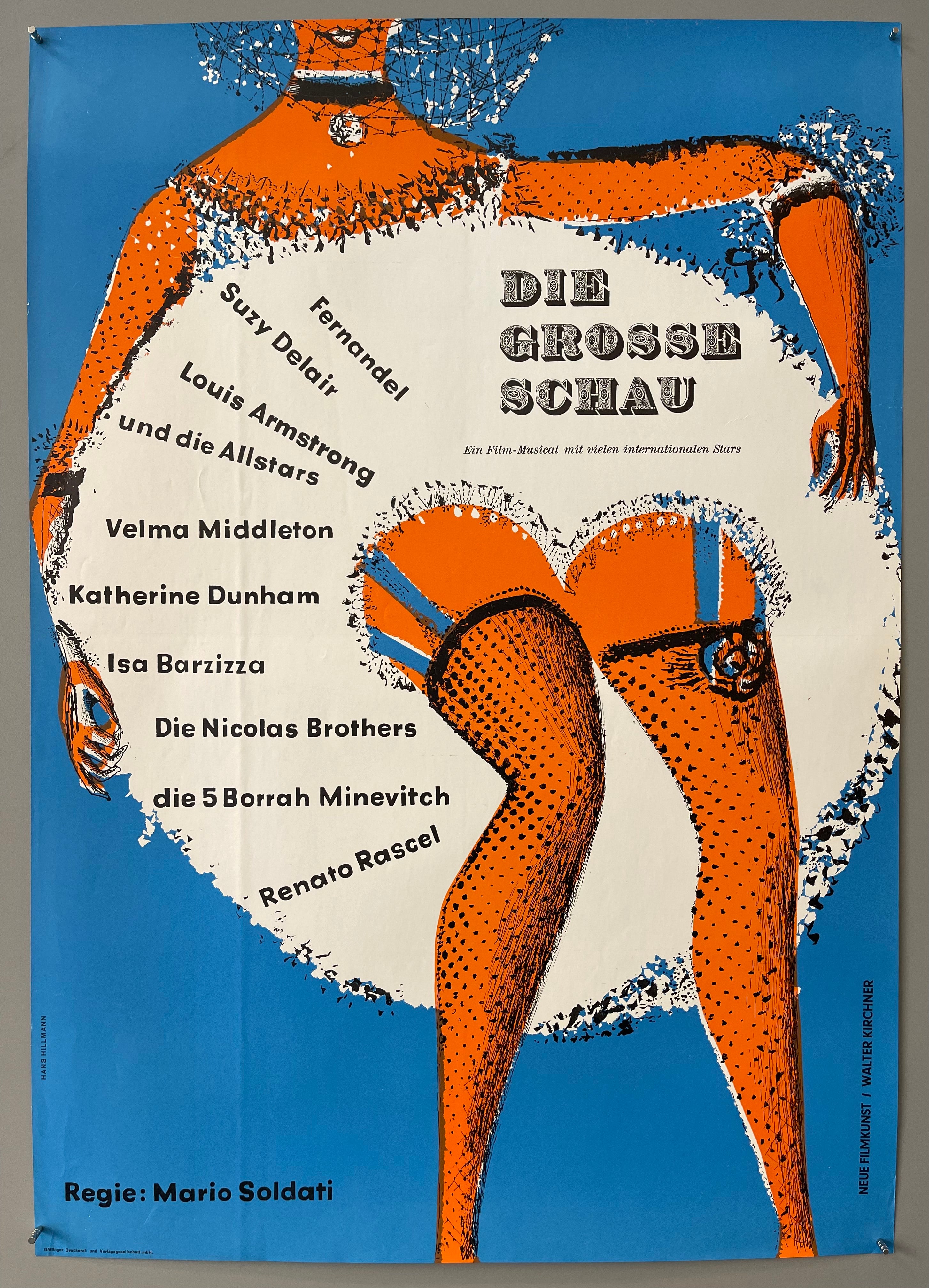 Bottom half of woman illustrated in orange with bottom of her skirt containing film title. Blue background.