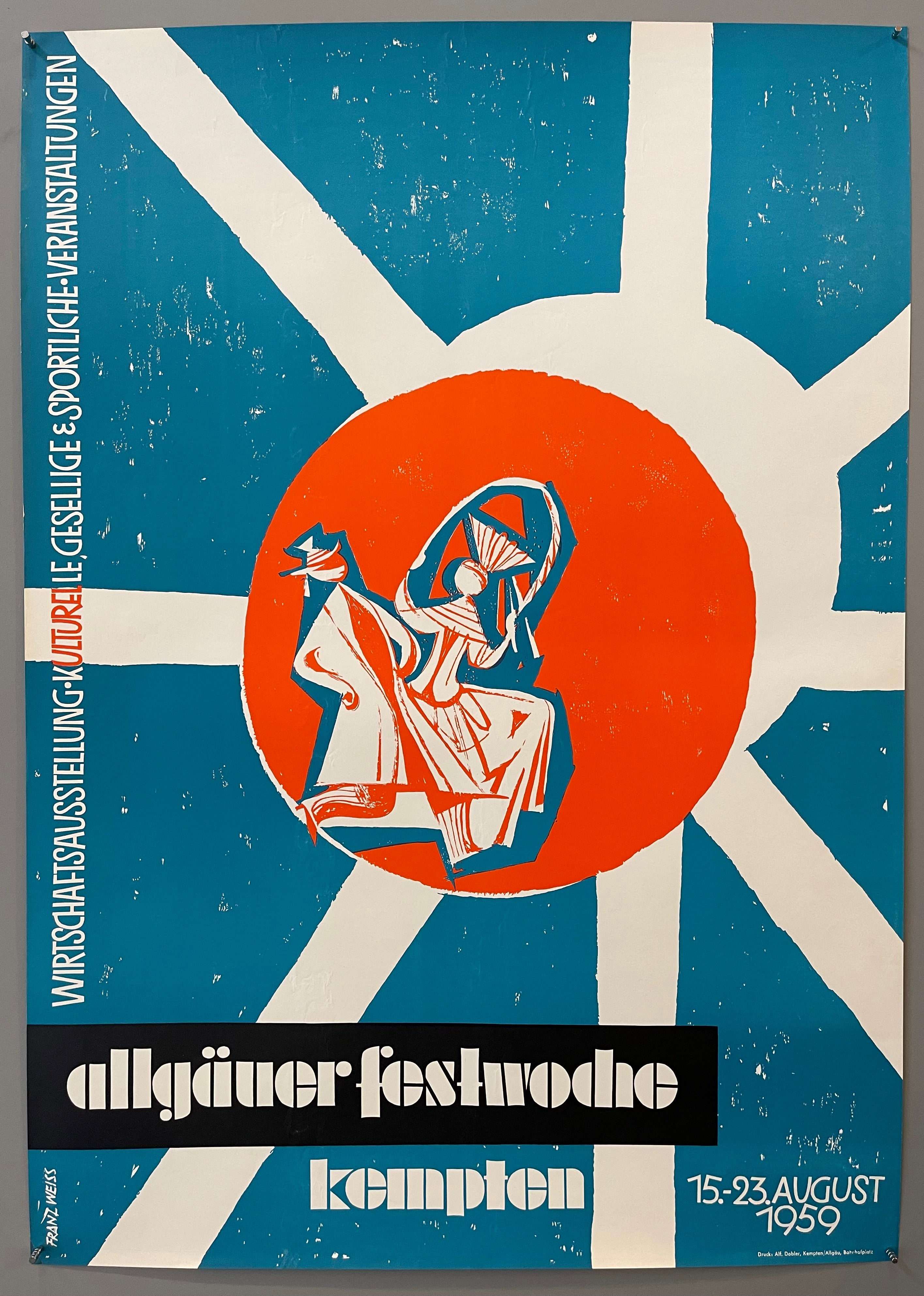 Blue background with star-like white overlay and two illustrated people dancing inside of an orange circle in the middle of poster.